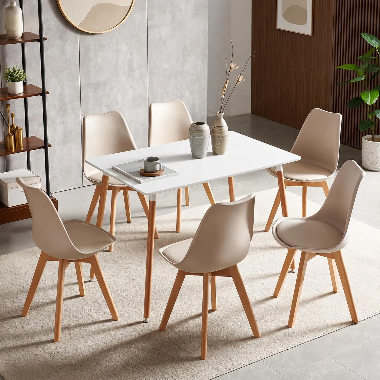 EGGREE Set di 8 Sedie da Pranzo e Cucina in Pelle PU con Gambe in Legno, Kaki Chiaro - immagine 4