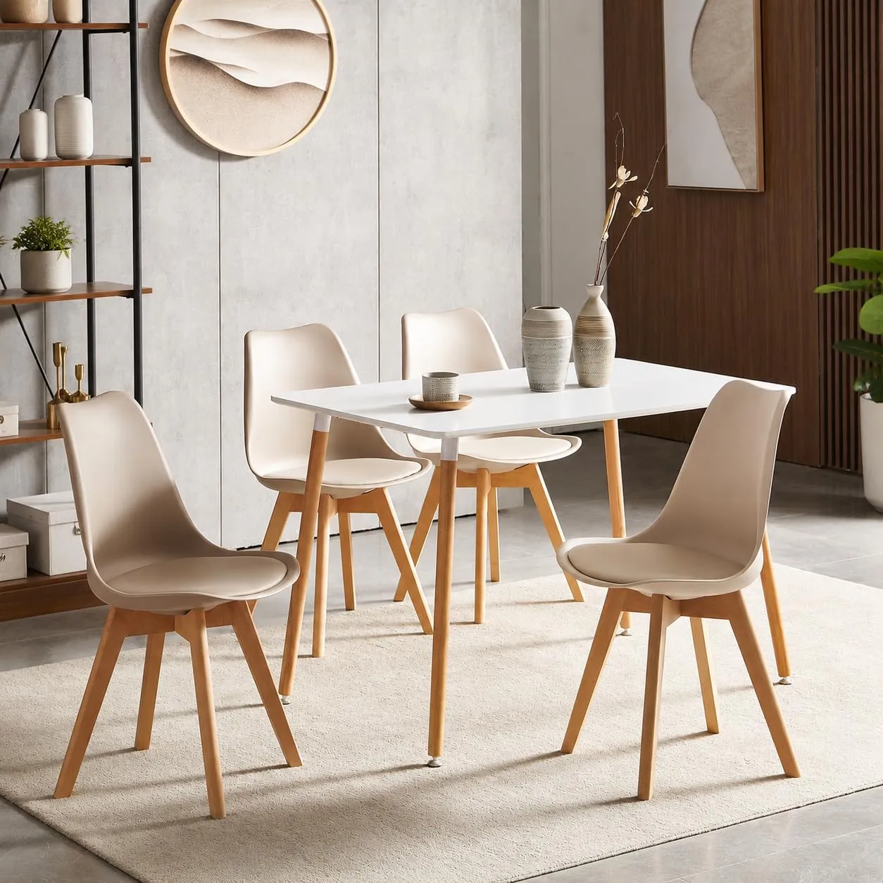 EGGREE Set di 8 Sedie da Pranzo e Cucina in Pelle PU con Gambe in Legno, Kaki Chiaro - immagine 5