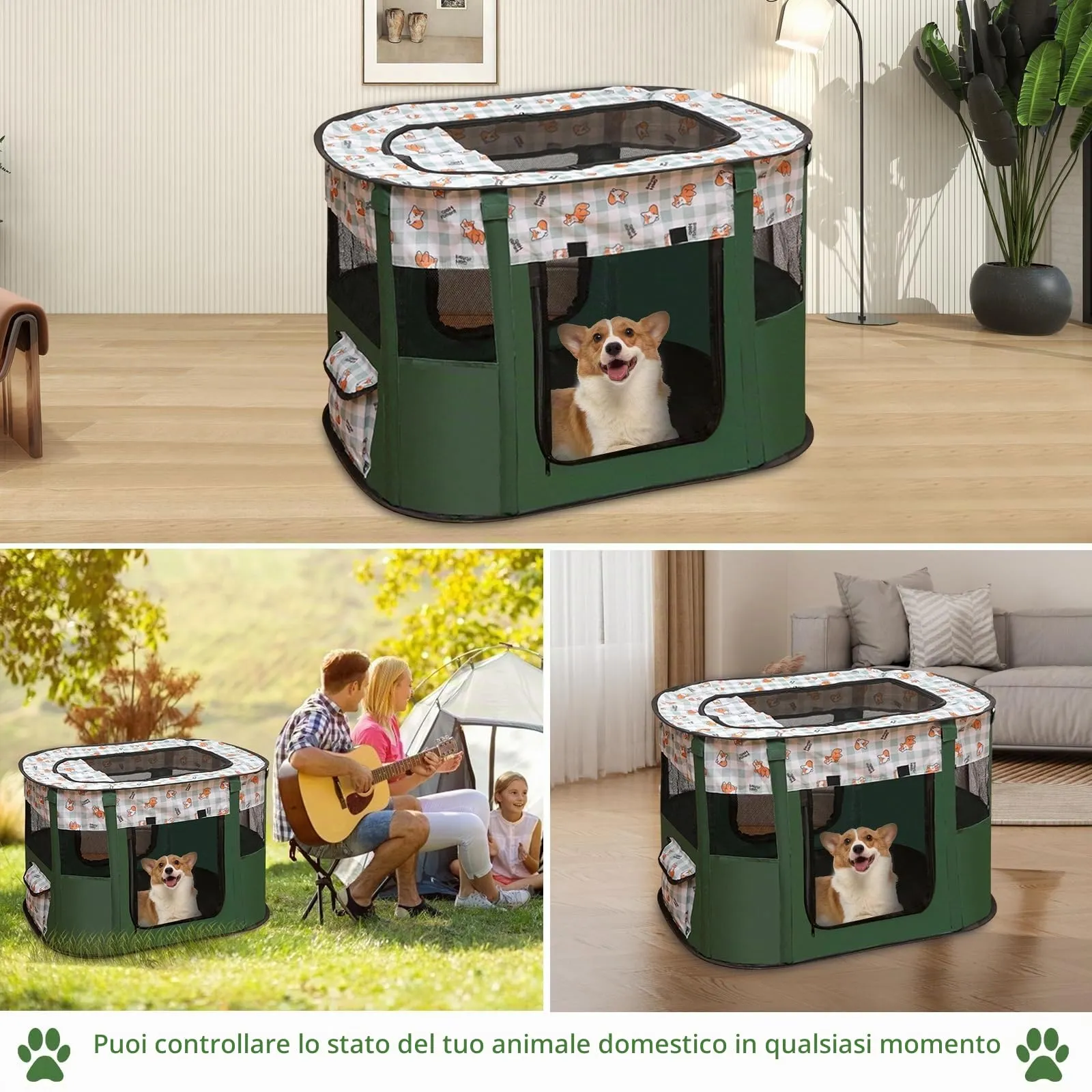 MeYuxg Recinto per Cani e Gatti Pieghevole, Verde Scuro, 80 x 60 x 55 cm - immagine 3