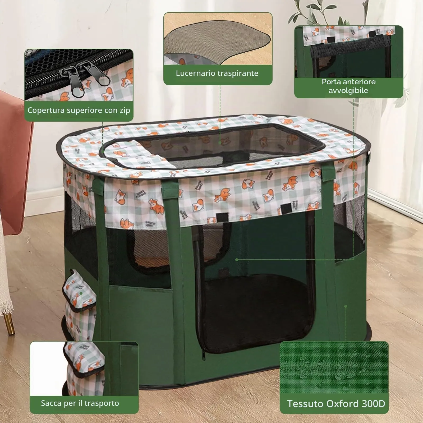 MeYuxg Recinto per Cani e Gatti Pieghevole, Verde Scuro, 80 x 60 x 55 cm - immagine 4