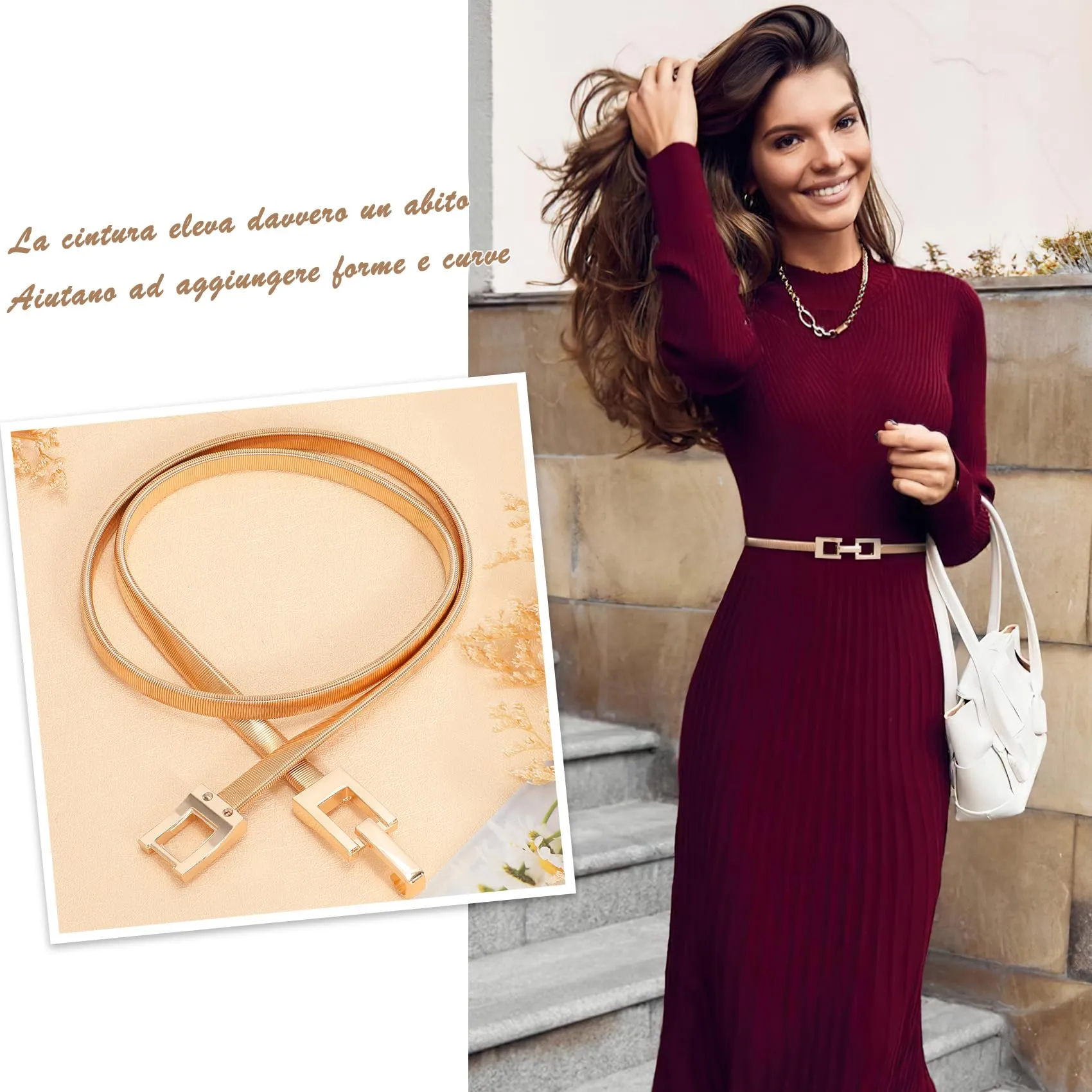 VONMELLI Cintura Sottile Elastica Donna con Fibbia Quadrata Oro, XL - immagine 4