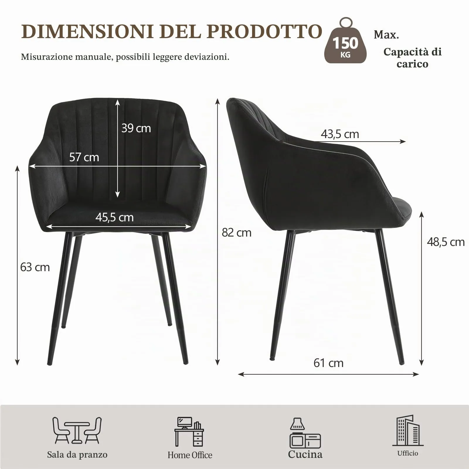 Goeurvant Set di 2 Sedie da Pranzo con Braccioli, Imbottite in Velluto, Gambe in Metallo, Nero - immagine 2