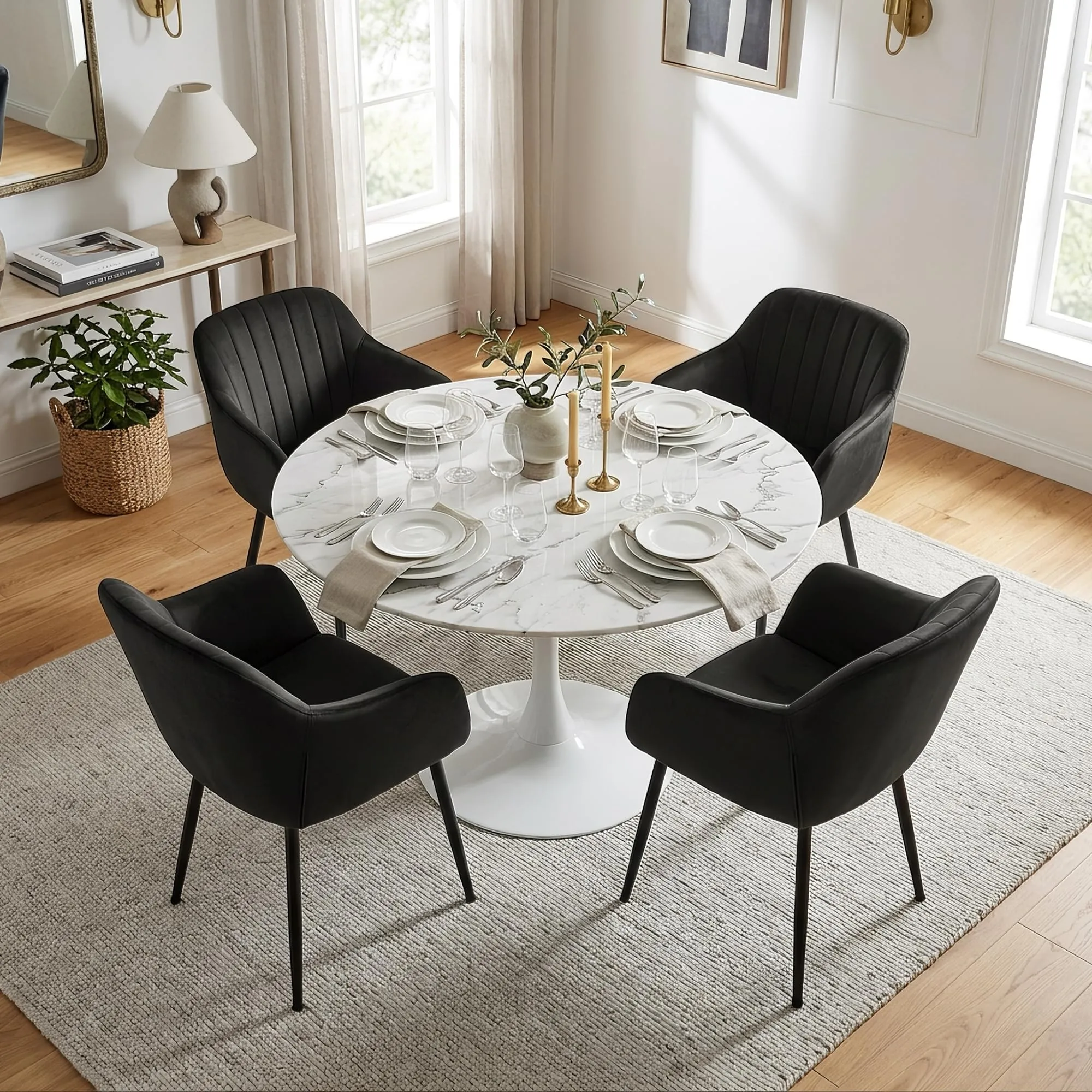 Goeurvant Set di 2 Sedie da Pranzo con Braccioli, Imbottite in Velluto, Gambe in Metallo, Nero - immagine 5