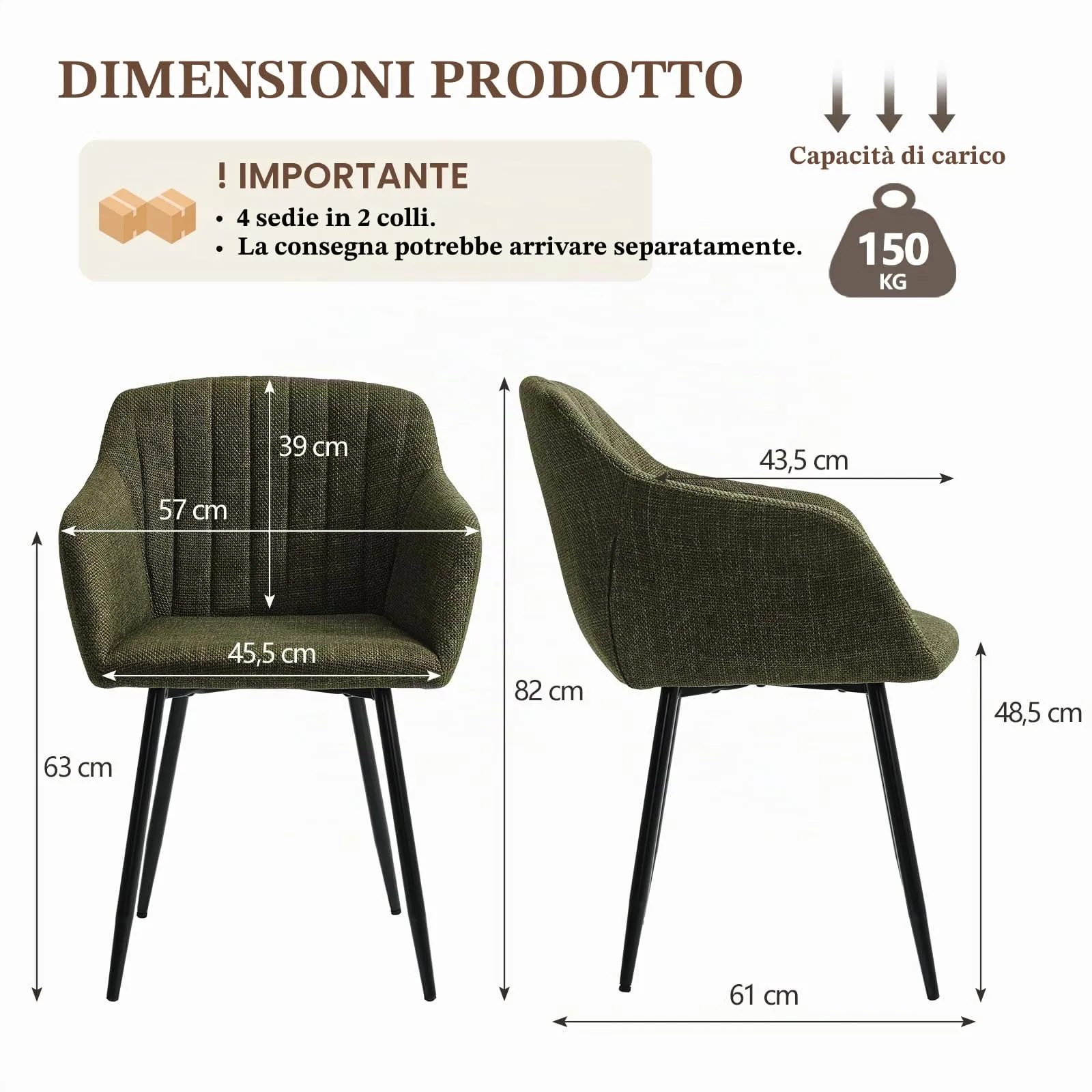 Goeurvant Set di 4 Sedie da Pranzo con Braccioli, Poltroncina Imbottita in Lino, Gambe in Metallo, Verde Oliva - immagine 2