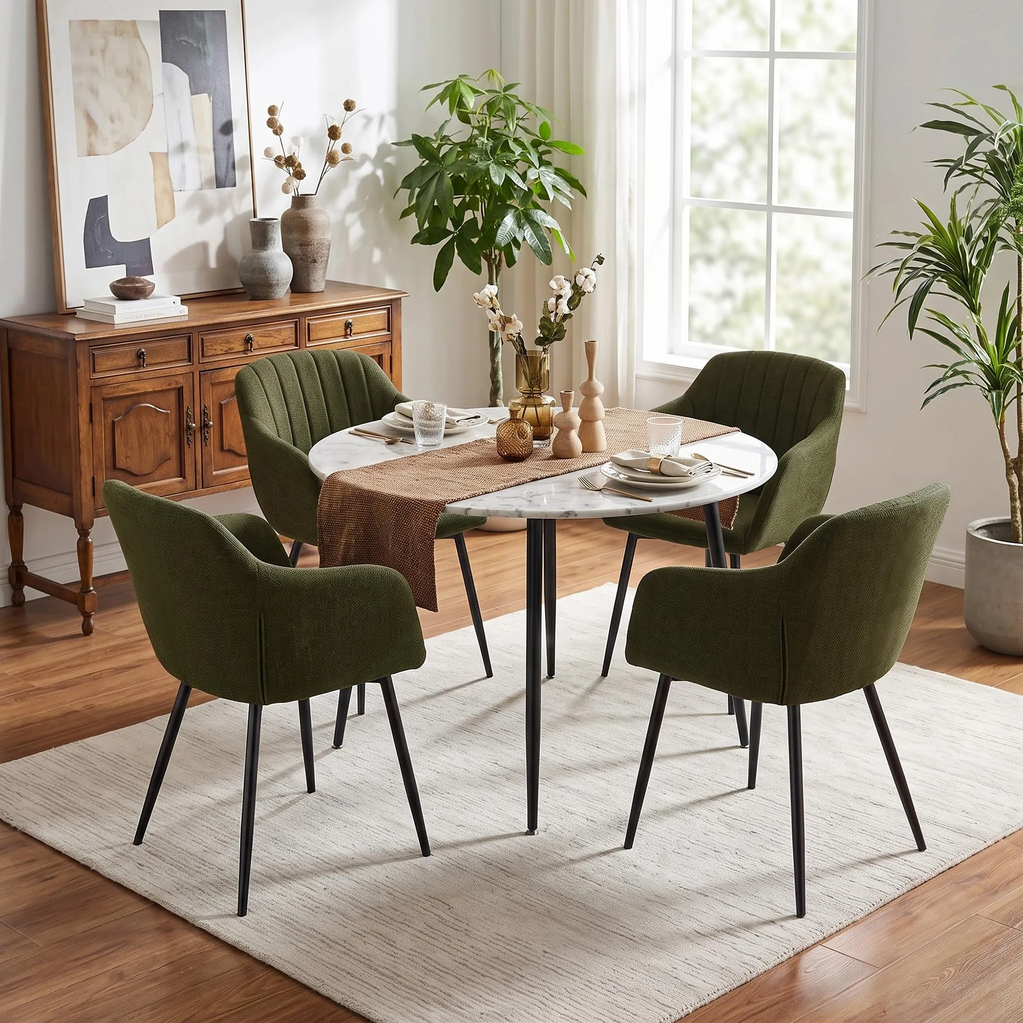 Goeurvant Set di 4 Sedie da Pranzo con Braccioli, Poltroncina Imbottita in Lino, Gambe in Metallo, Verde Oliva - immagine 3