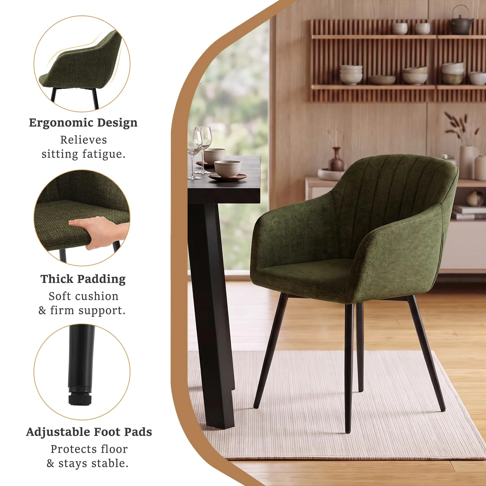 Goeurvant Set di 4 Sedie da Pranzo con Braccioli, Poltroncina Imbottita in Lino, Gambe in Metallo, Verde Oliva - immagine 4