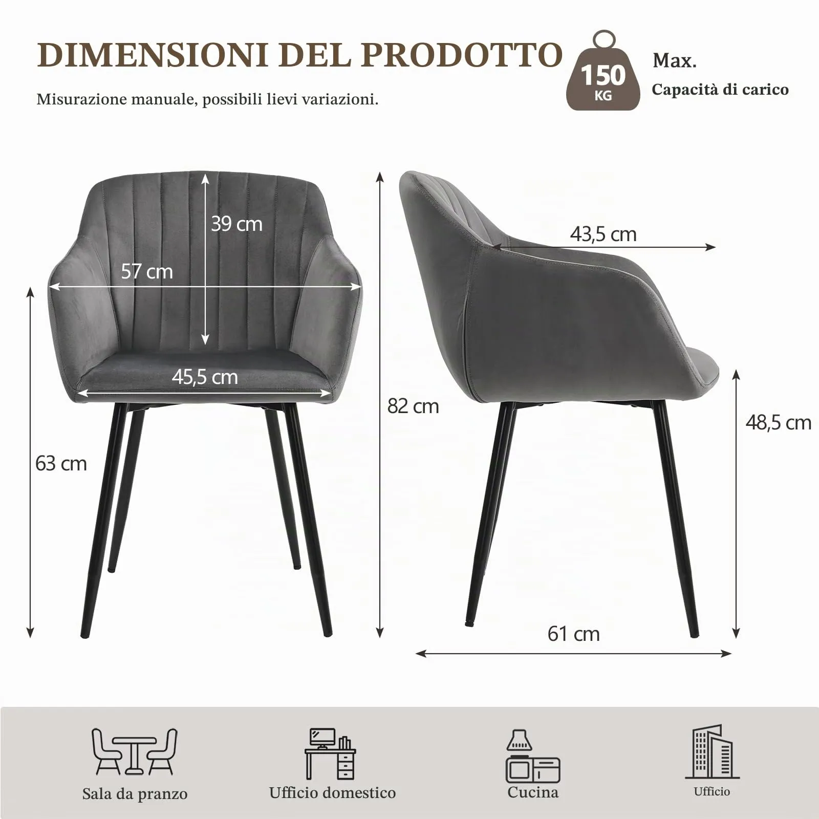 Goeurvant Set di 2 Sedie da Pranzo con Braccioli in Velluto, Gambe in Metallo, Grigio Scuro - immagine 2