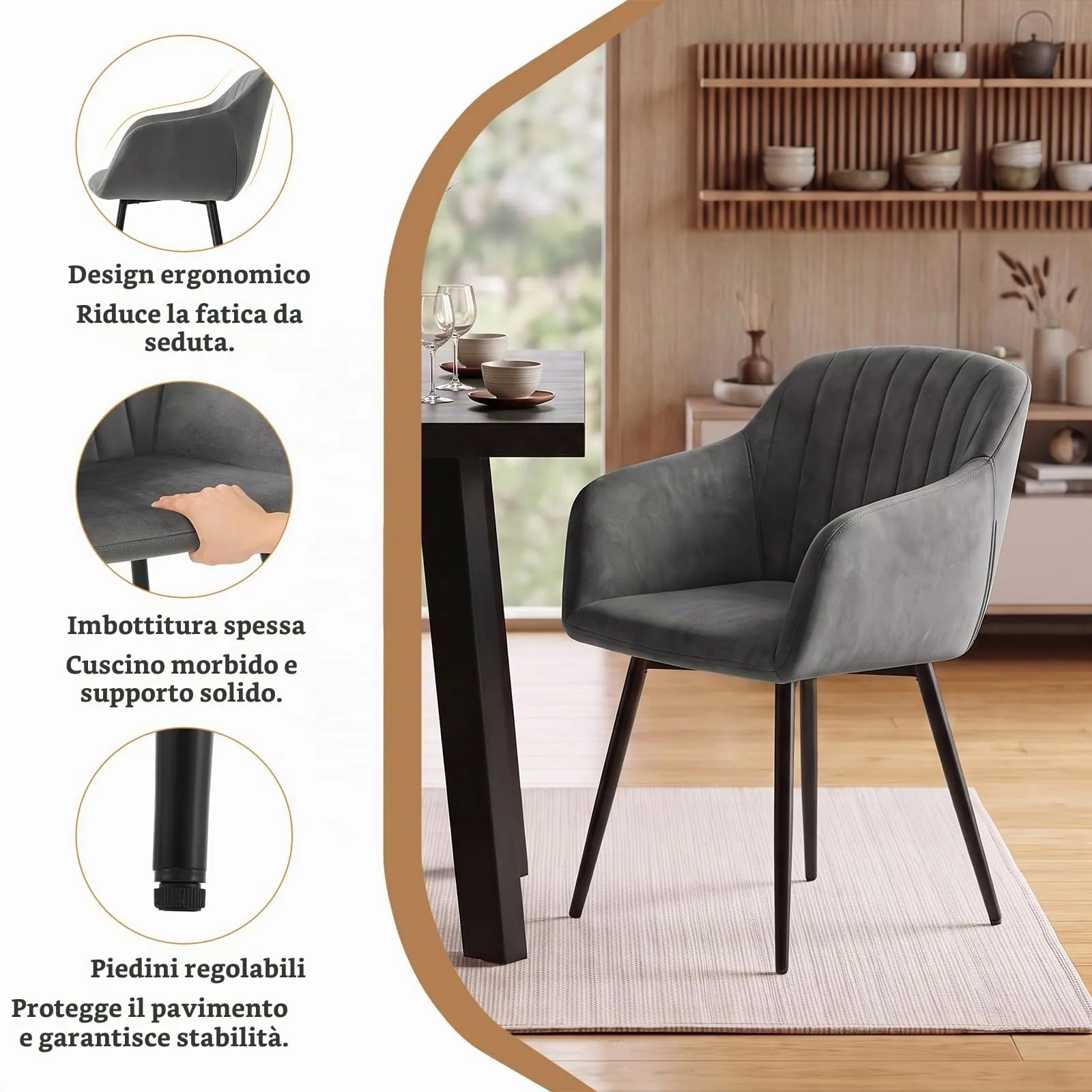 Goeurvant Set di 2 Sedie da Pranzo con Braccioli in Velluto, Gambe in Metallo, Grigio Scuro - immagine 4