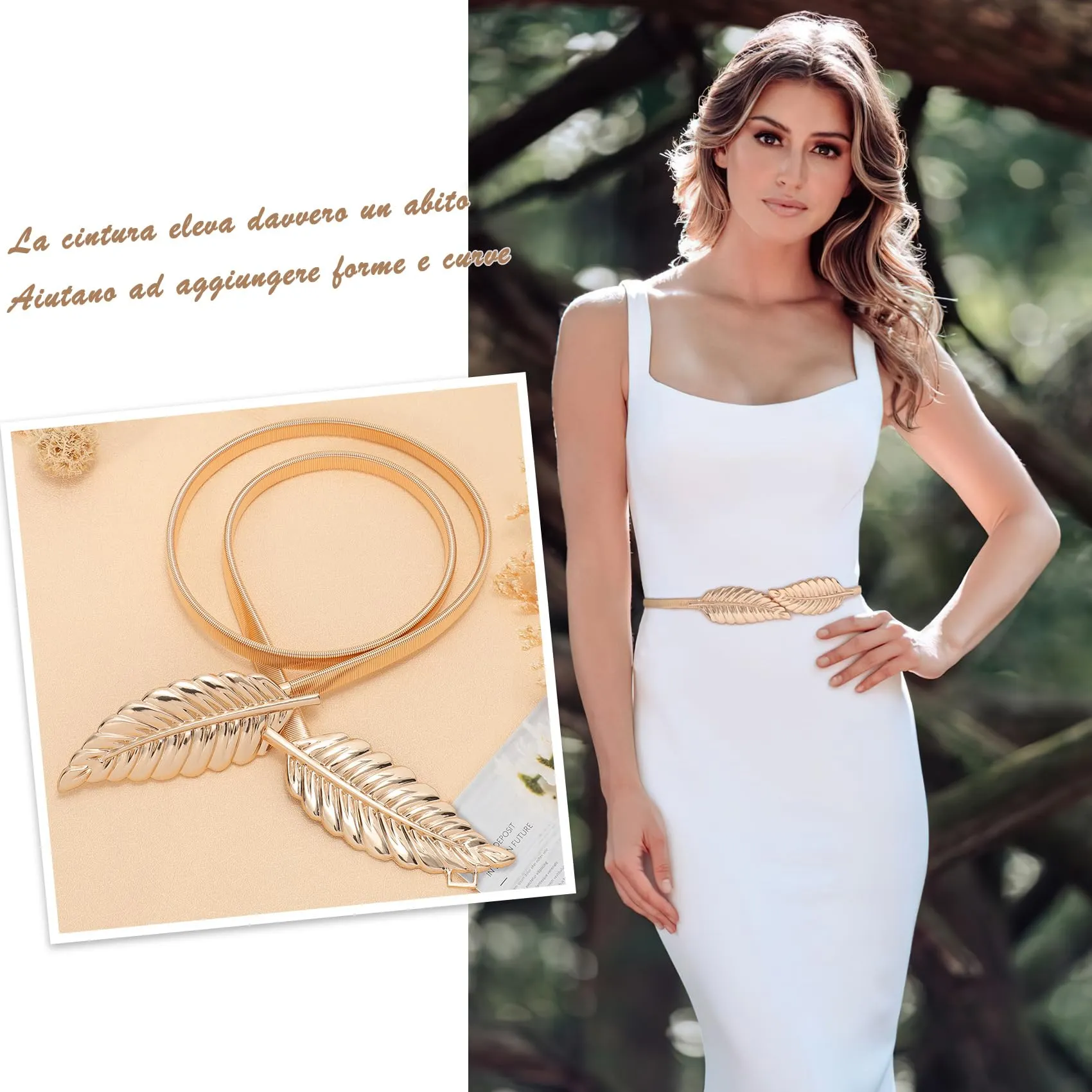 VONMELLI Cintura Sottile Elastica da Donna con Fibbia a Foglia Oro, Taglia L - immagine 4