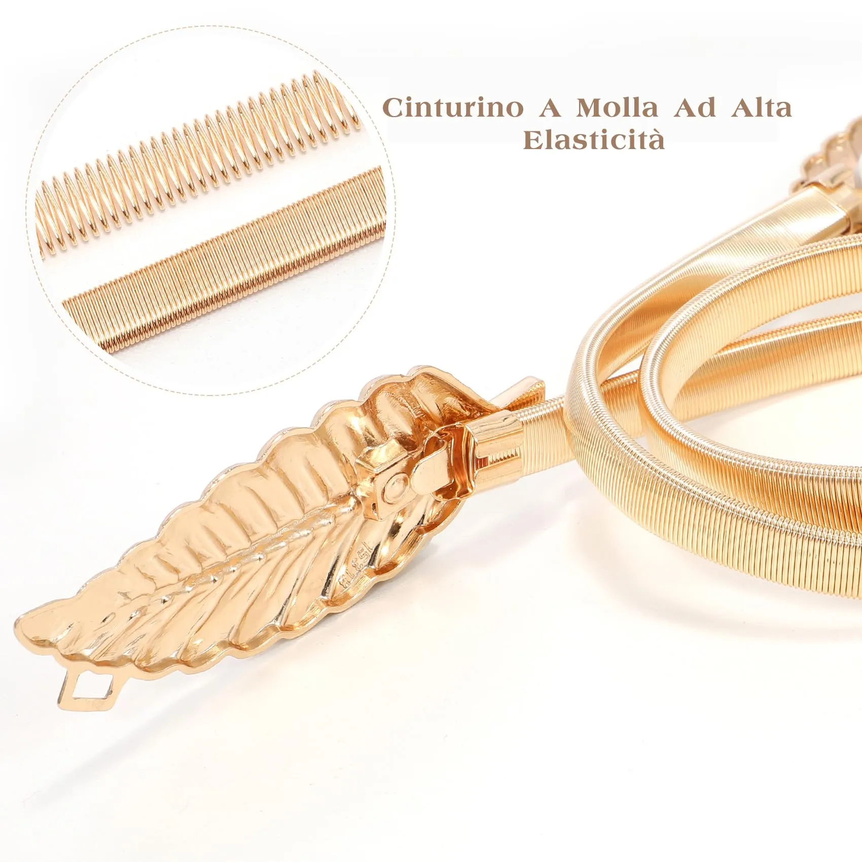 VONMELLI Cintura Sottile Elastica da Donna con Fibbia a Foglia Oro, Taglia L - immagine 5