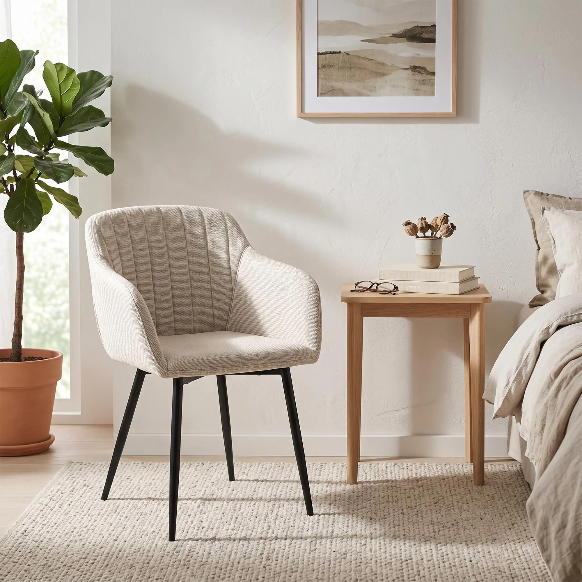 Goeurvant Set di 2 Sedie da Pranzo Beige con Braccioli, Poltroncina Imbottita in Lino con Gambe in Metallo - immagine 5