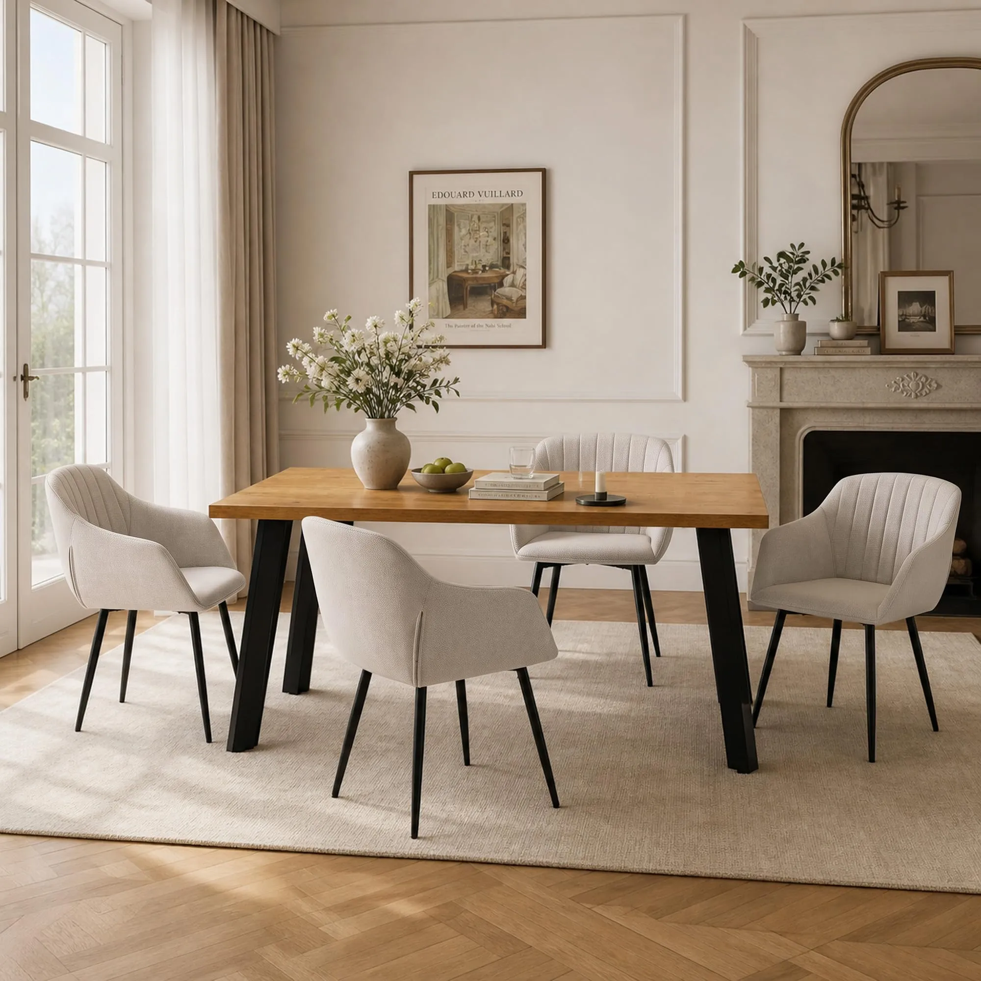 Goeurvant Set di 2 Sedie da Pranzo Beige con Braccioli, Poltroncina Imbottita in Lino con Gambe in Metallo - immagine 8