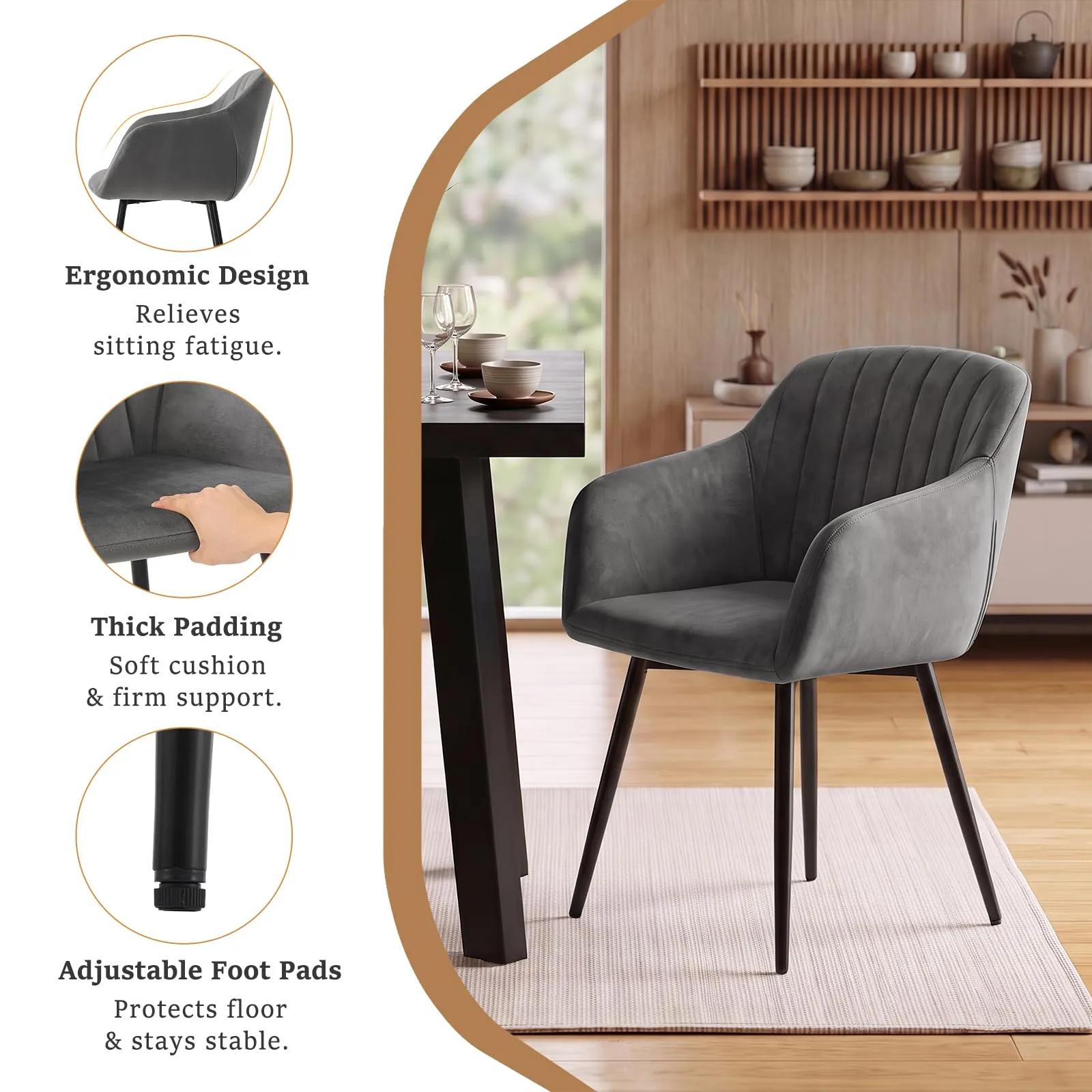 Goeurvant Set di 4 Sedie da Pranzo con Braccioli in Velluto, Gambe in Metallo, Grigio Scuro - immagine 4
