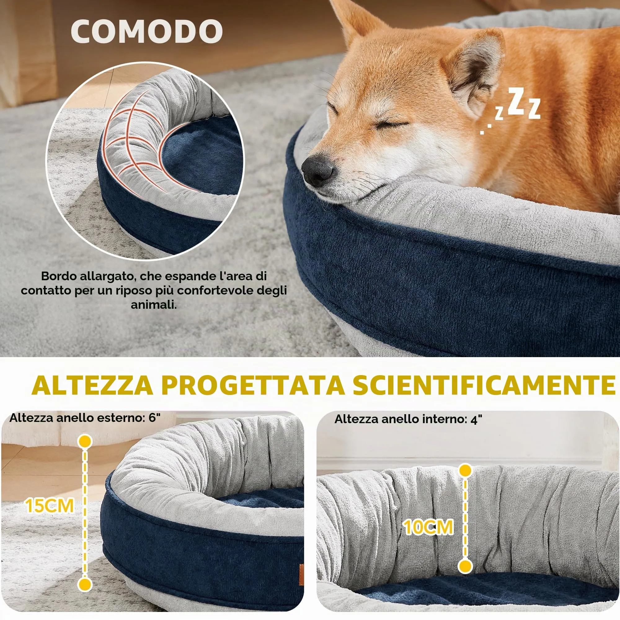 Deconovo Letto Ortopedico per Cani a Forma di Ciambella in Pile, 51x51x15cm, Blu Navy - immagine 2