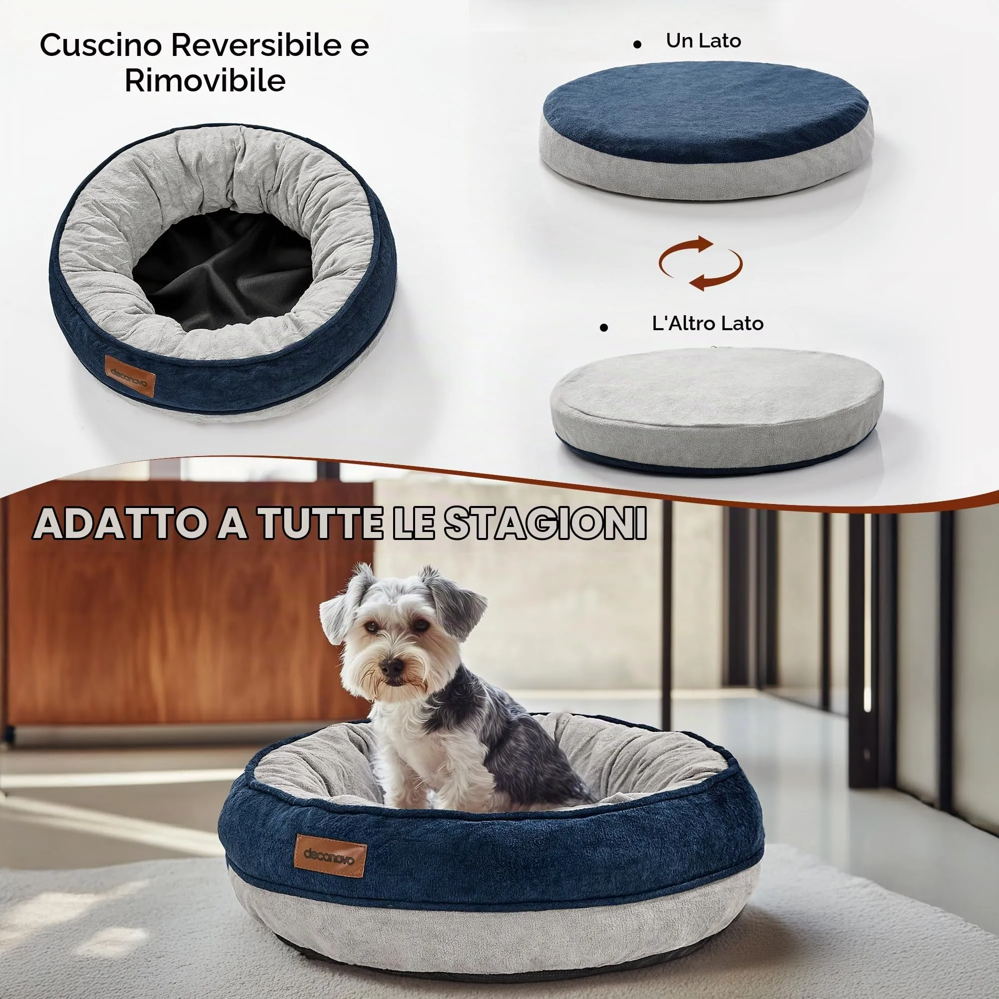 Deconovo Letto Ortopedico per Cani a Forma di Ciambella in Pile, 51x51x15cm, Blu Navy - immagine 4