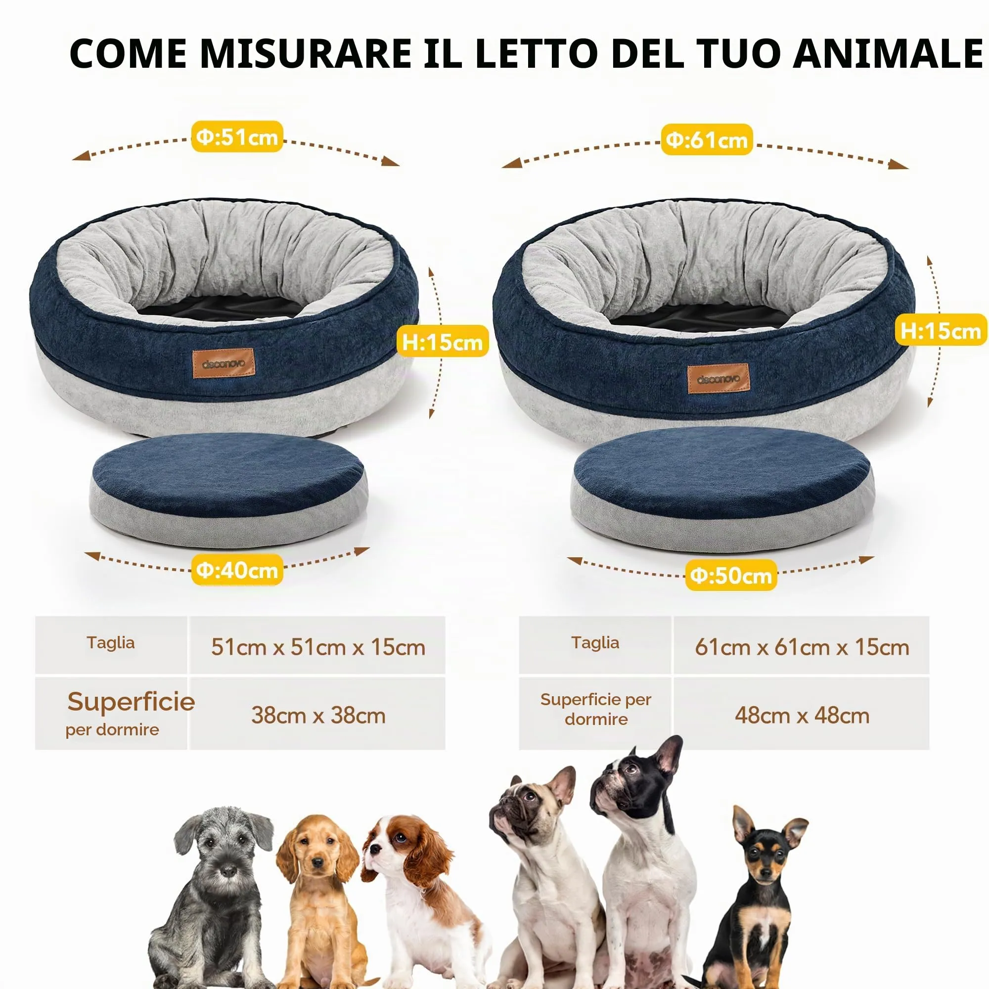 Deconovo Letto Ortopedico per Cani a Forma di Ciambella in Pile, 51x51x15cm, Blu Navy - immagine 6