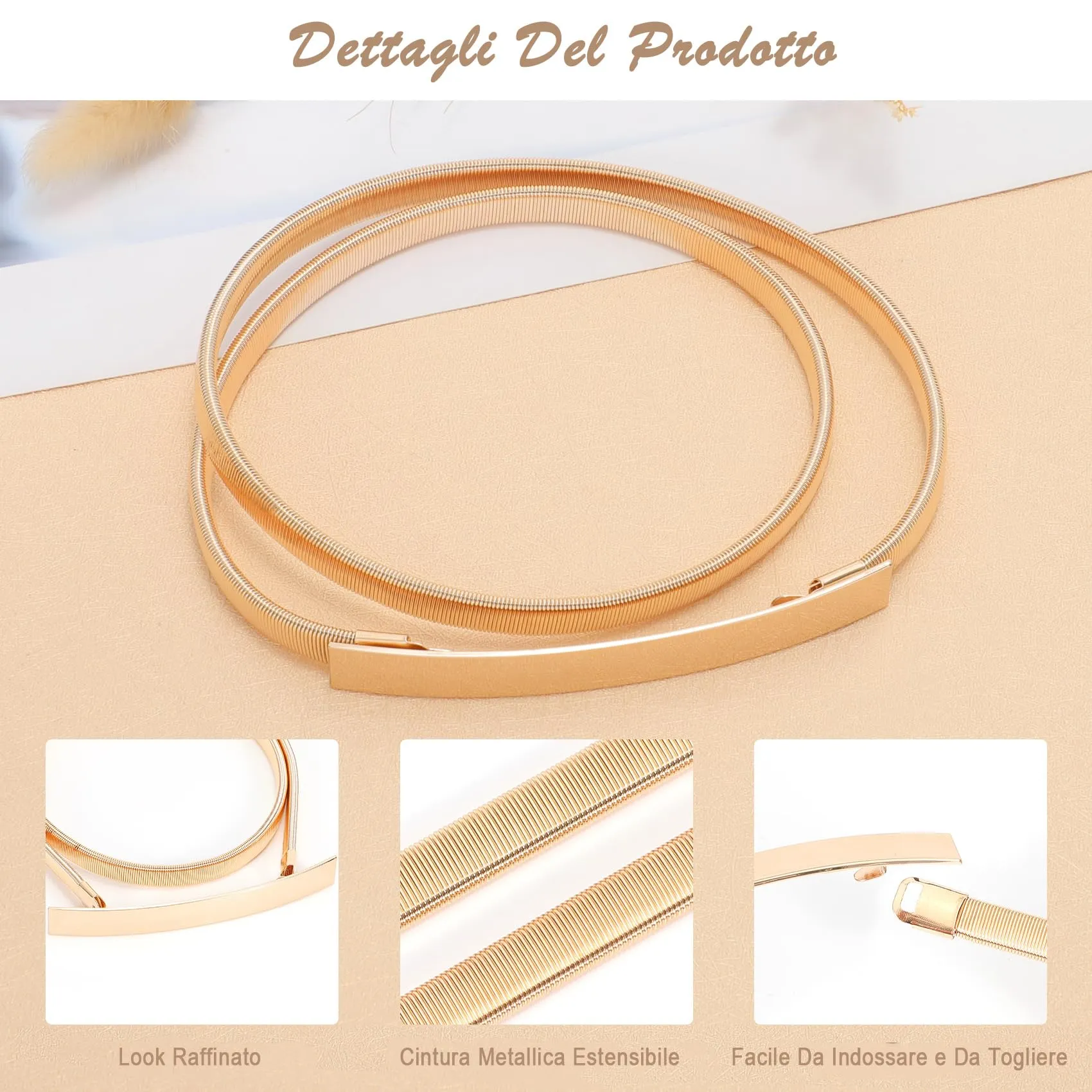 VONMELLI Cintura Sottile Elastica in Metallo per Donna, Fibbia Liscia Oro, XXL - immagine 3