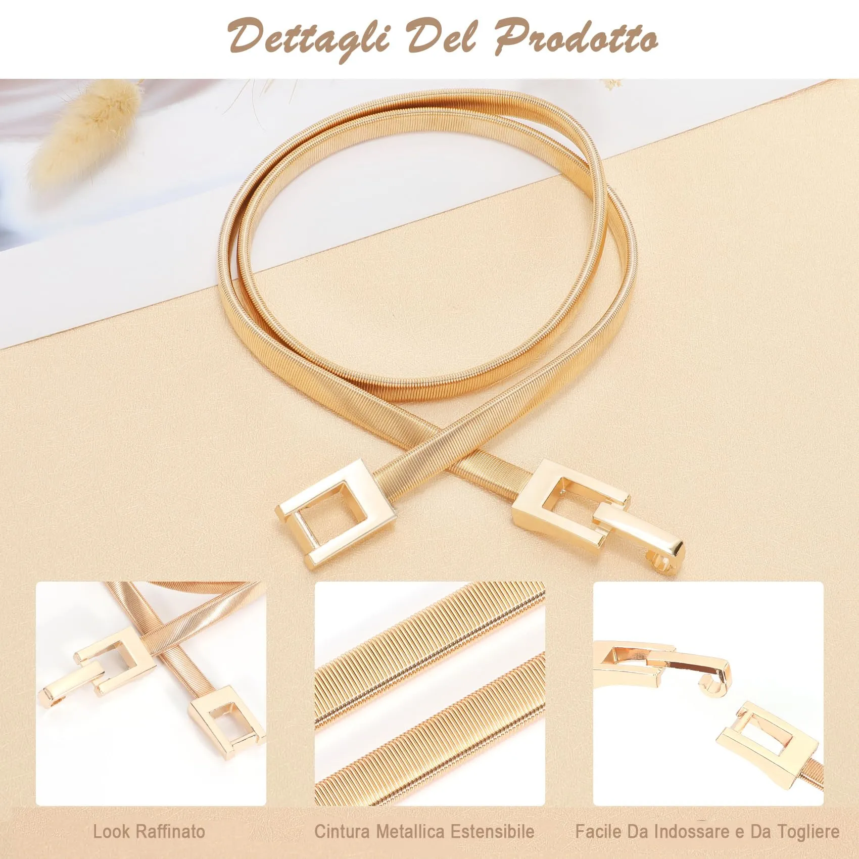 VONMELLI Cintura Sottile in Metallo Elastica Donna Regolabile con Fibbia Quadrata Oro, Taglia M - immagine 3