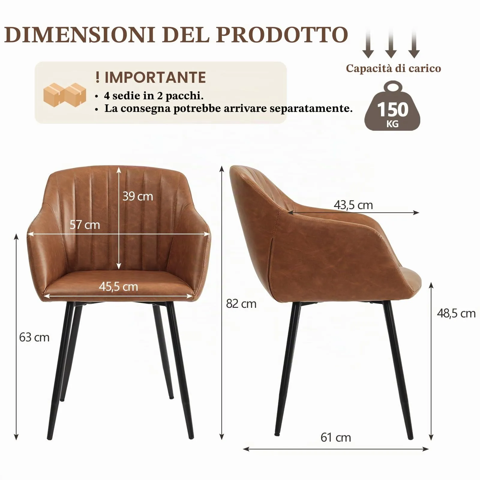 Goeurvant Set di 4 Sedie da Pranzo con Braccioli in Pelle Sintetica, Gambe in Metallo, Marrone - immagine 2