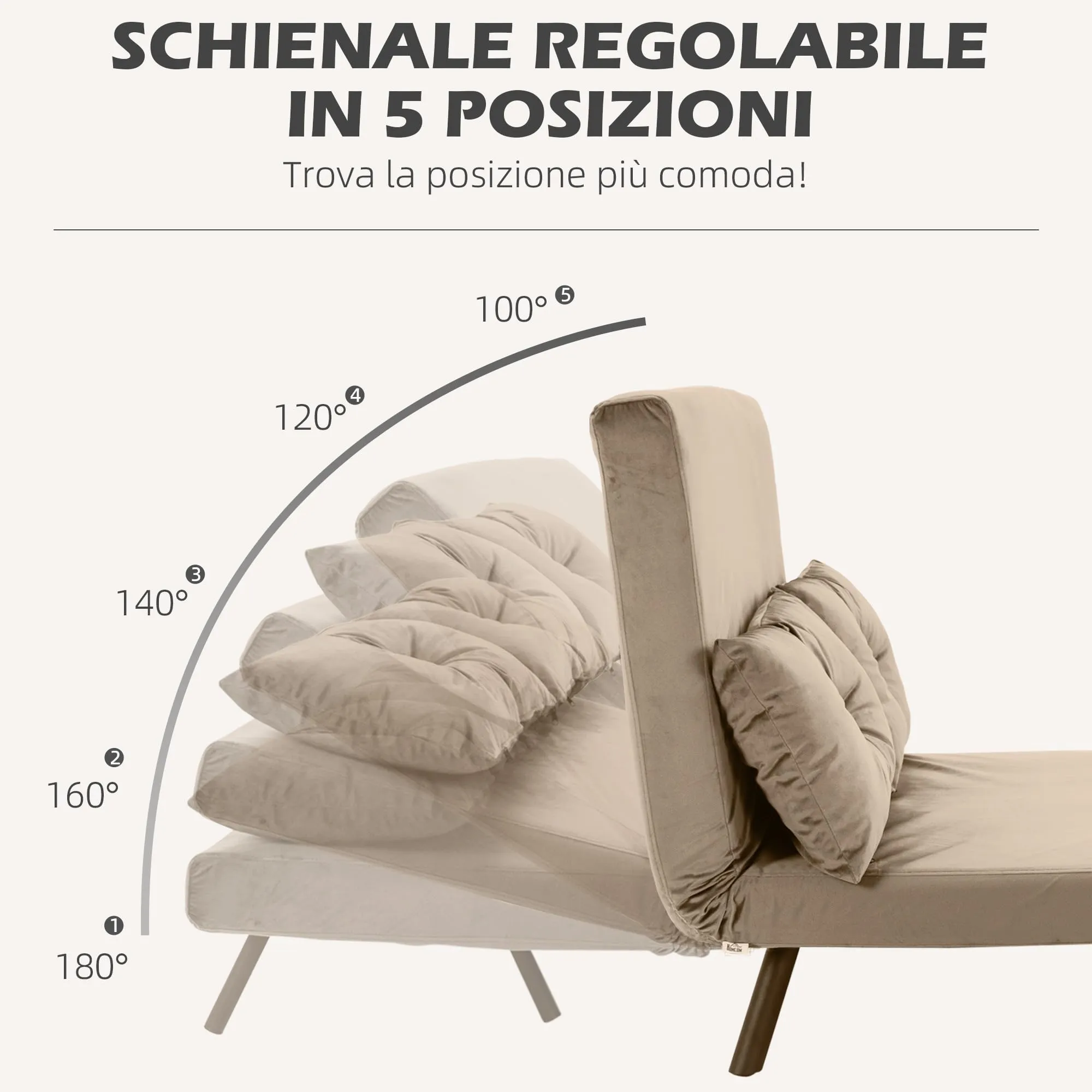 HOMCOM Divano Letto 2 Posti Schienale Regolabile 5 Livelli, Marrone Chiaro - immagine 4