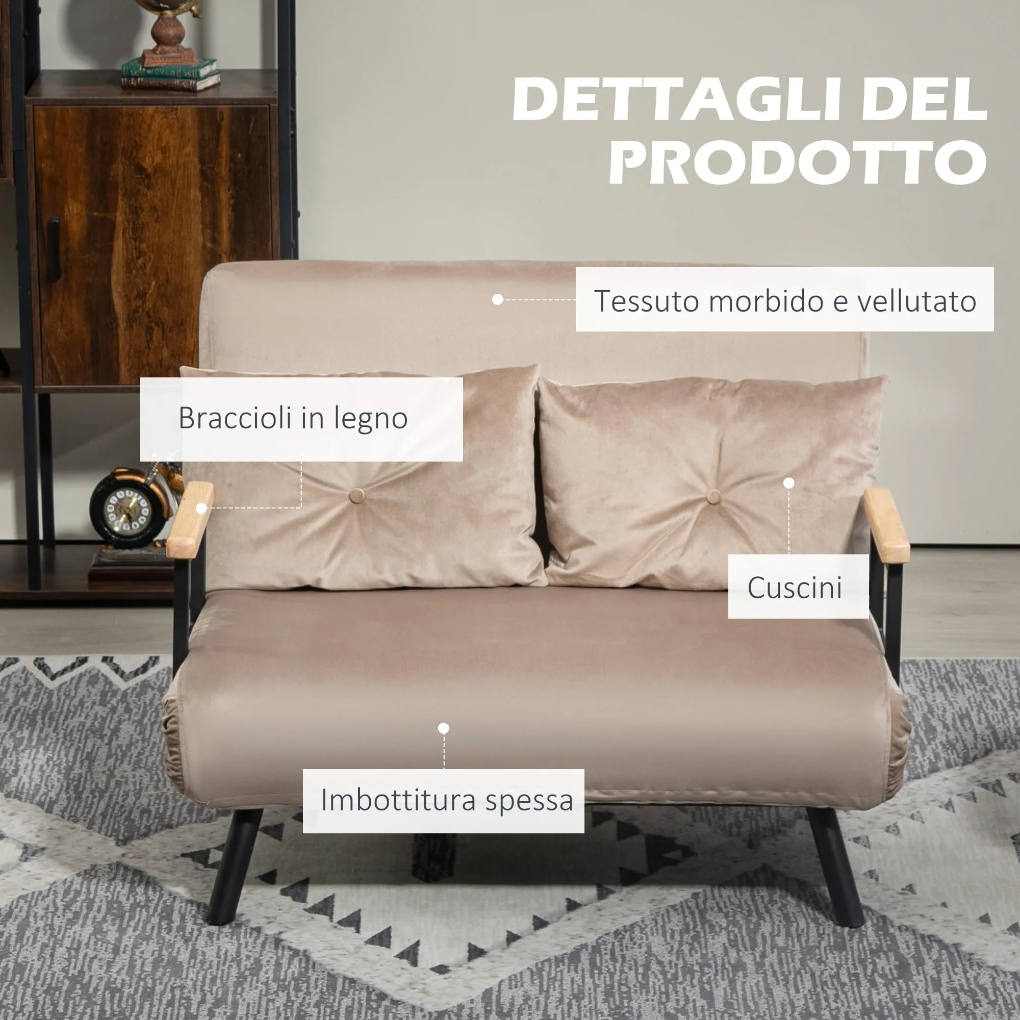 HOMCOM Divano Letto 2 Posti Schienale Regolabile 5 Livelli, Marrone Chiaro - immagine 5