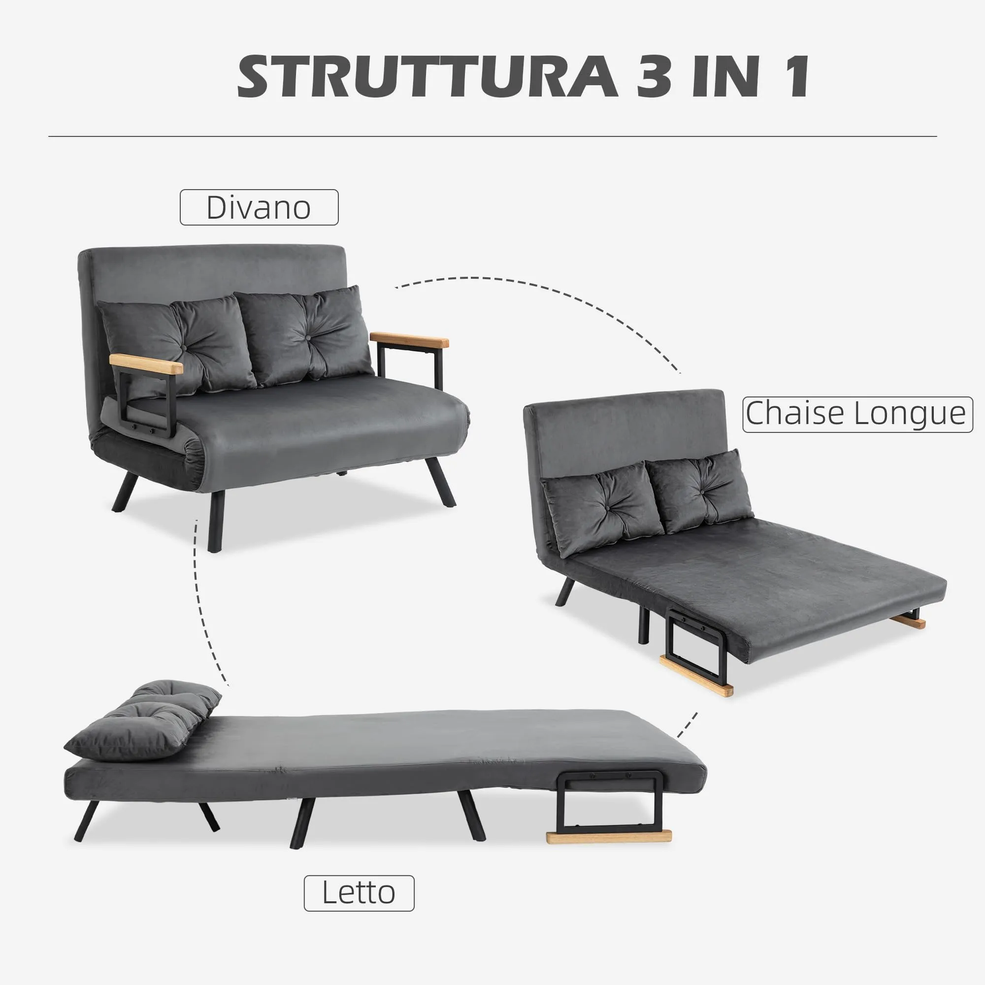 HOMCOM Divano Letto 2 Posti Schienale Regolabile 5 Livelli, Grigio Scuro - immagine 3