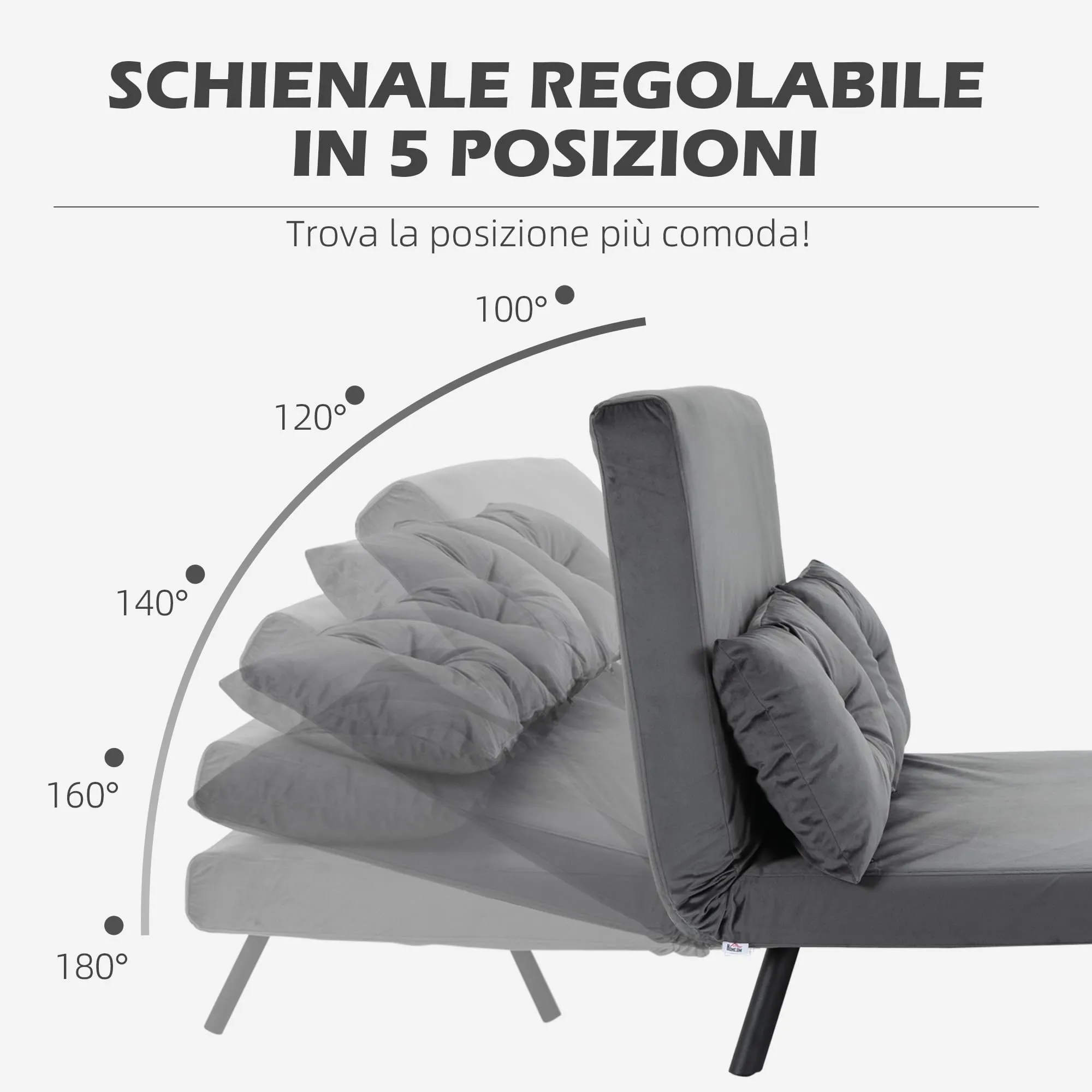 HOMCOM Divano Letto 2 Posti Schienale Regolabile 5 Livelli, Grigio Scuro - immagine 4