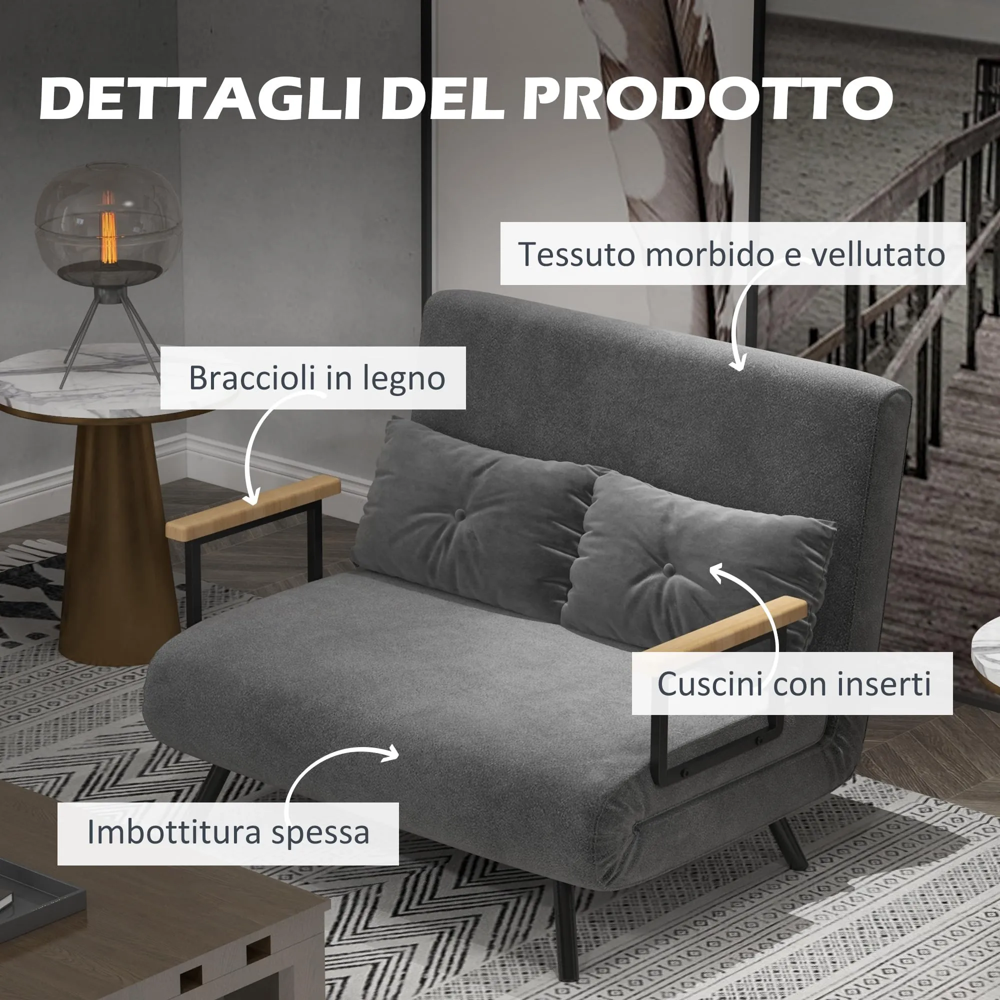 HOMCOM Divano Letto 2 Posti Schienale Regolabile 5 Livelli, Grigio Scuro - immagine 5