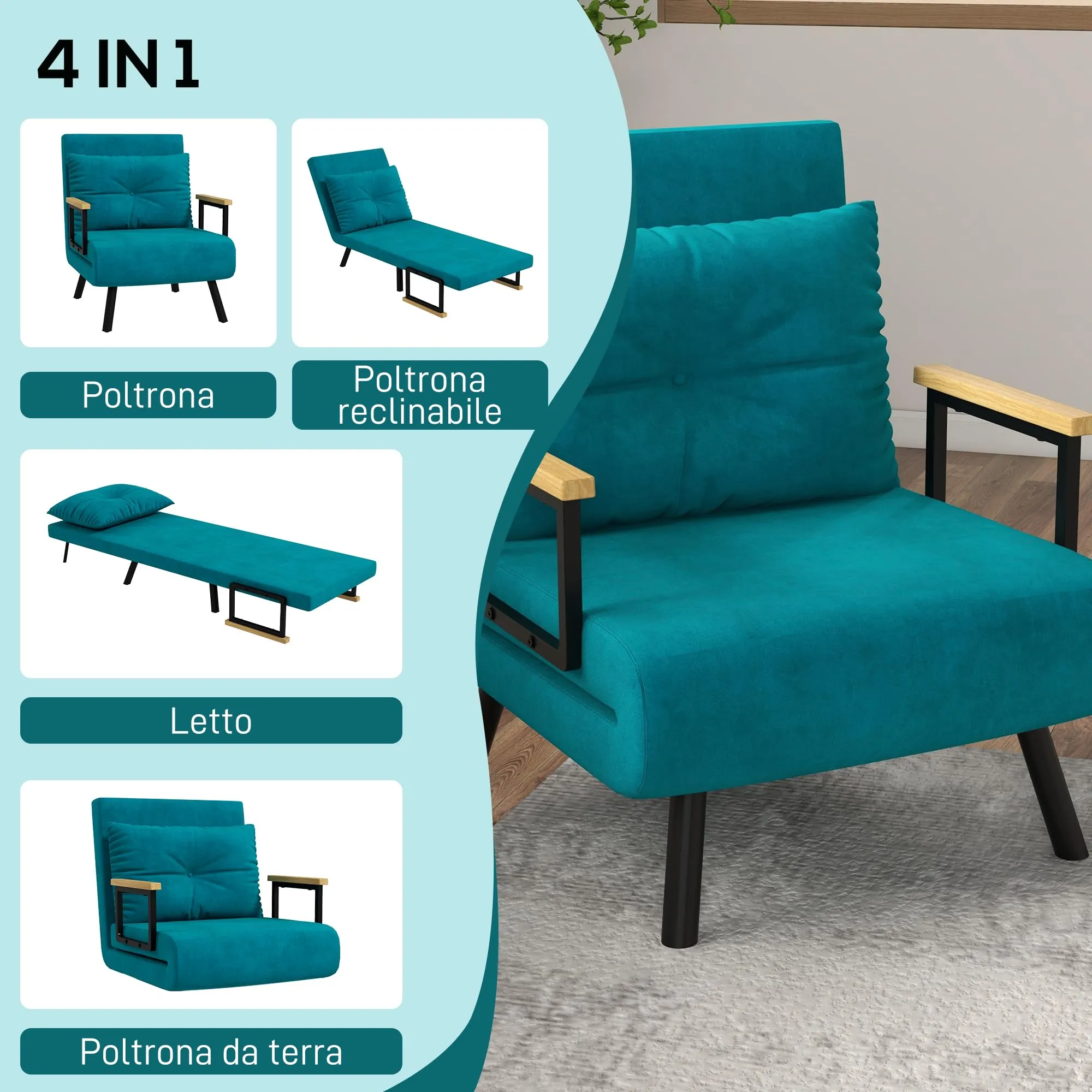 HOMCOM Poltrona Letto Singolo con Schienale Regolabile a 5 Livelli, Blu Scuro - immagine 3