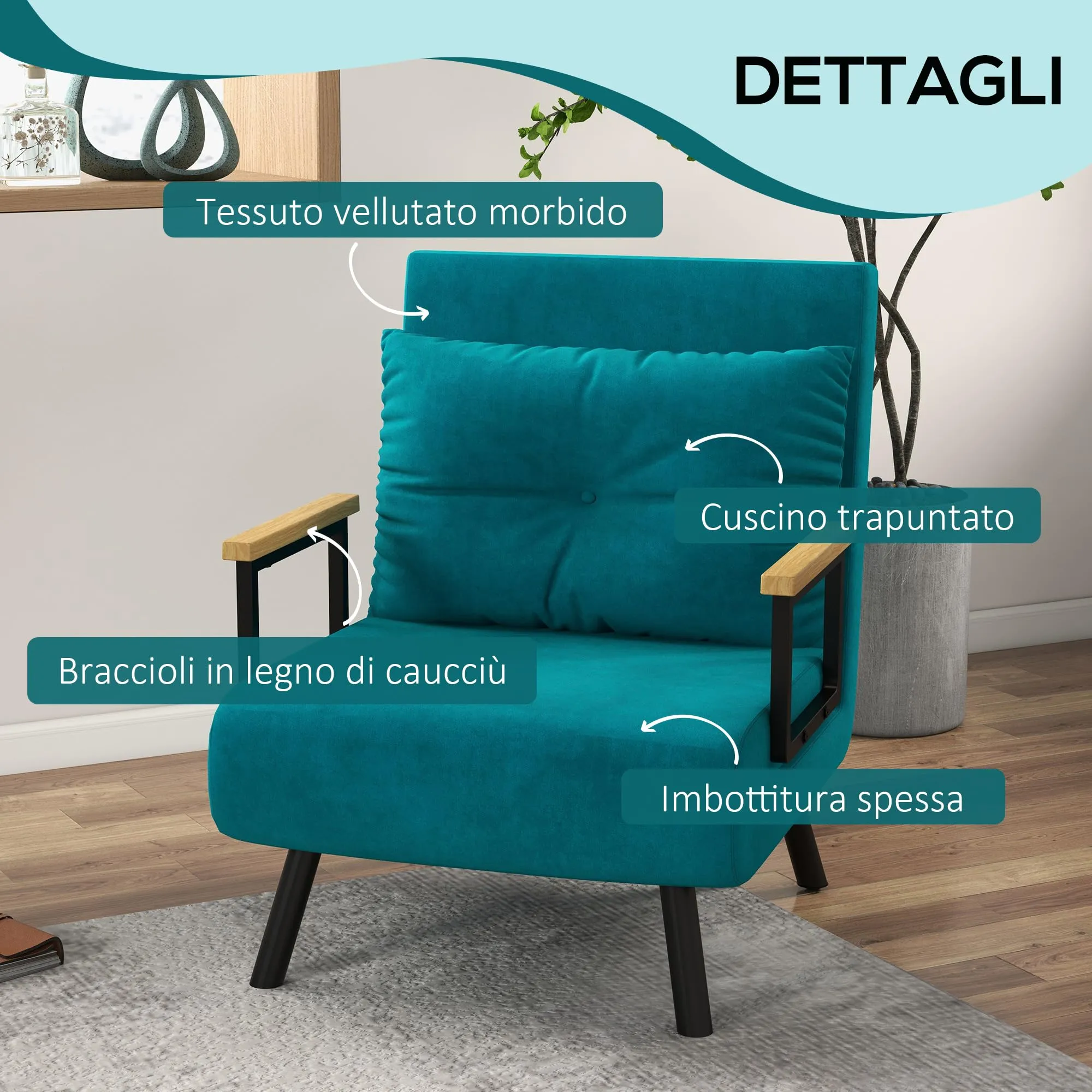 HOMCOM Poltrona Letto Singolo con Schienale Regolabile a 5 Livelli, Blu Scuro - immagine 5
