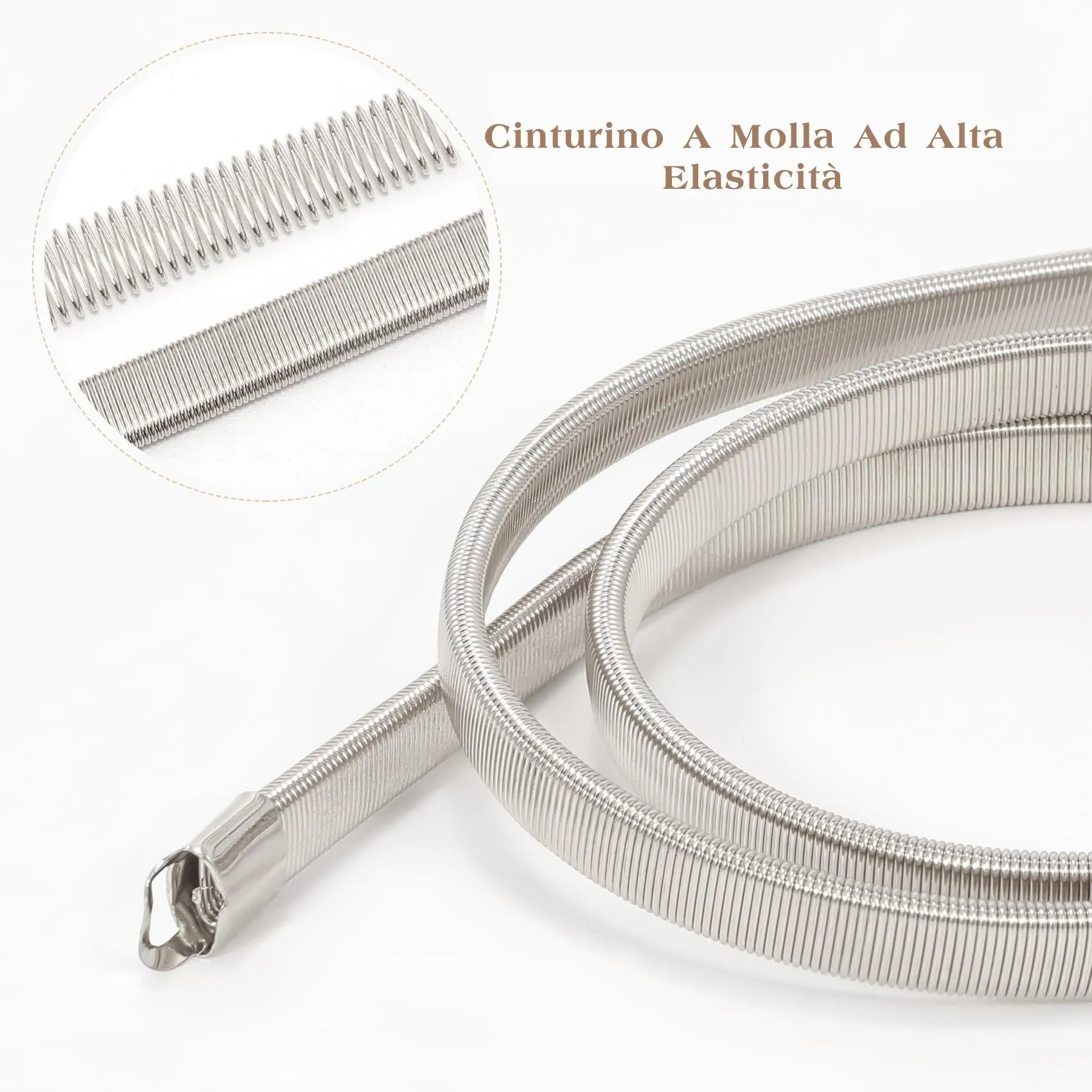 VONMELLI Cintura Sottile Elastica in Metallo per Donna, Fibbia Liscia Argento, Taglia L - immagine 8