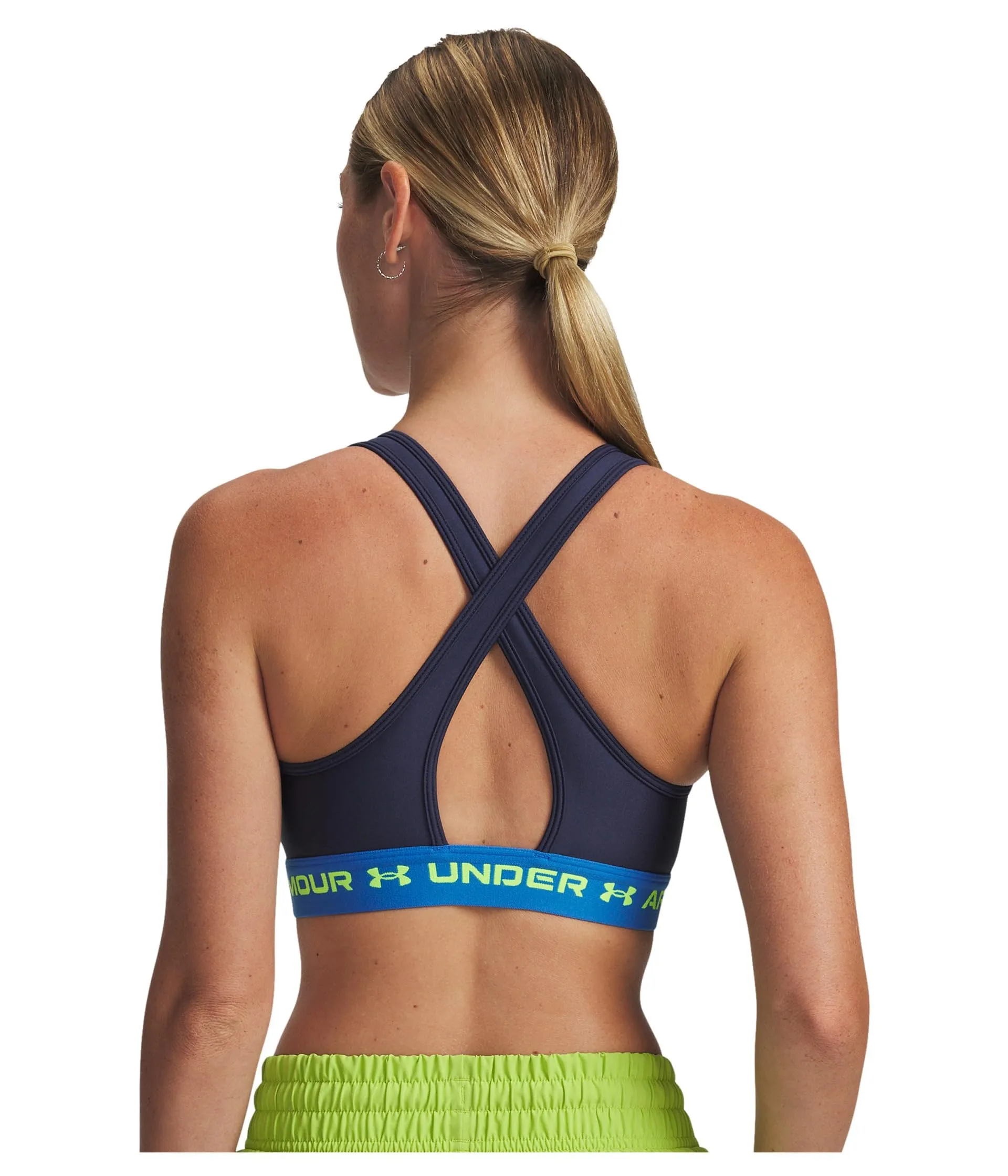 Under Armour Crossback Mid Sports Bra Donna - Washed Navy / Blue Atlantis / High Vis Yellow - immagine 2