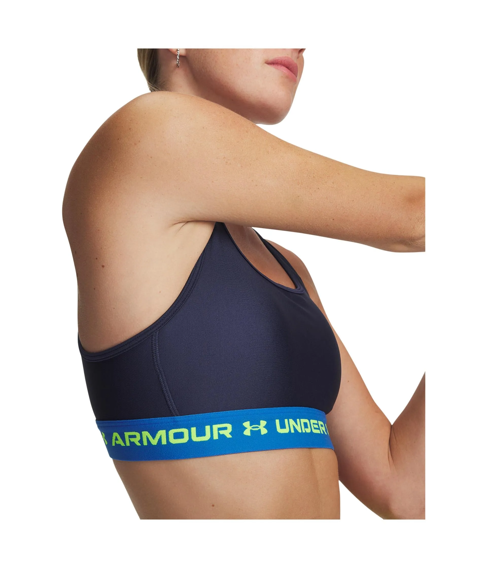 Under Armour Crossback Mid Sports Bra Donna - Washed Navy / Blue Atlantis / High Vis Yellow - immagine 3