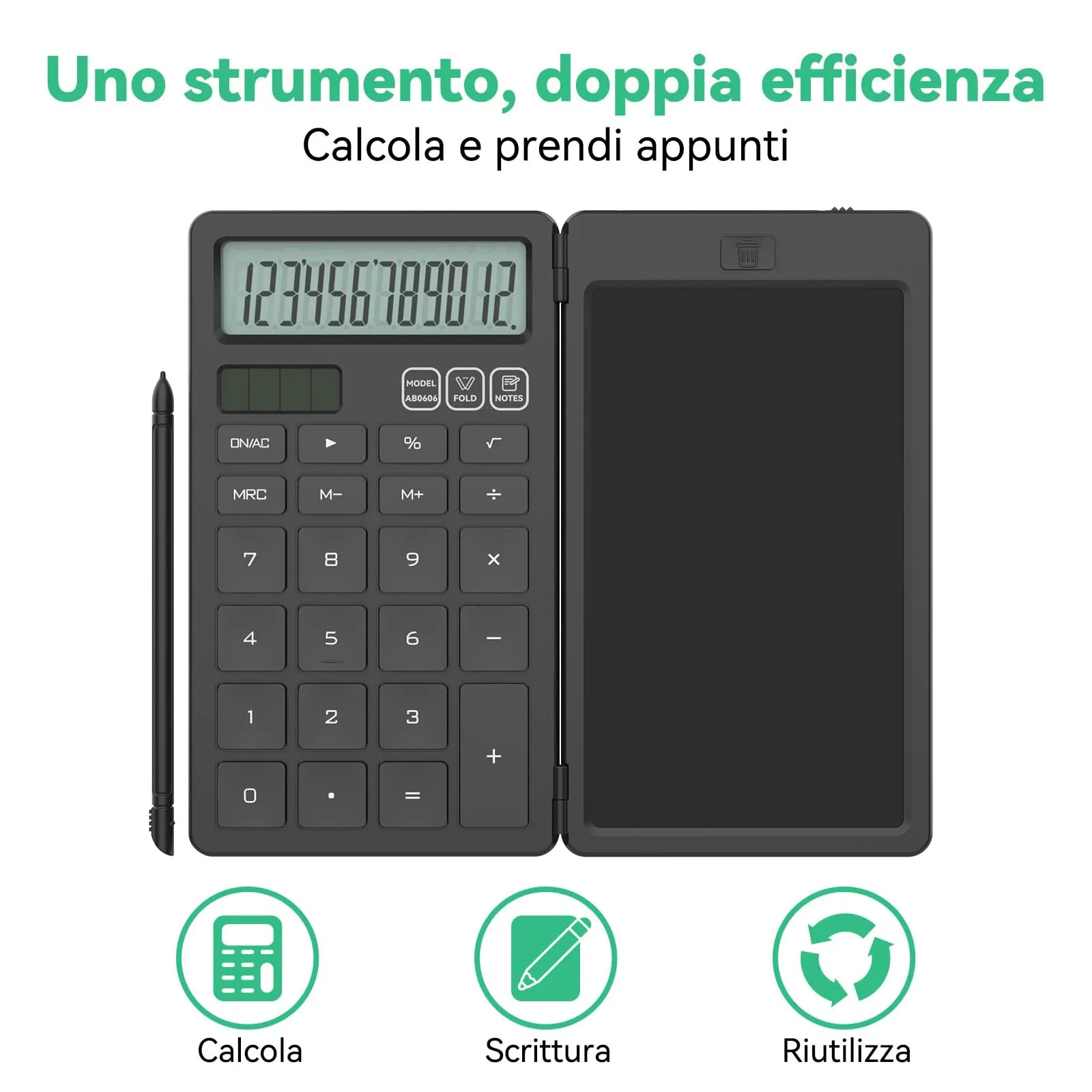 NEWYES Calcolatrice con Tavoletta da Scrittura e Penna, Alimentata a Energia Solare e a Batteria, Nero - immagine 2