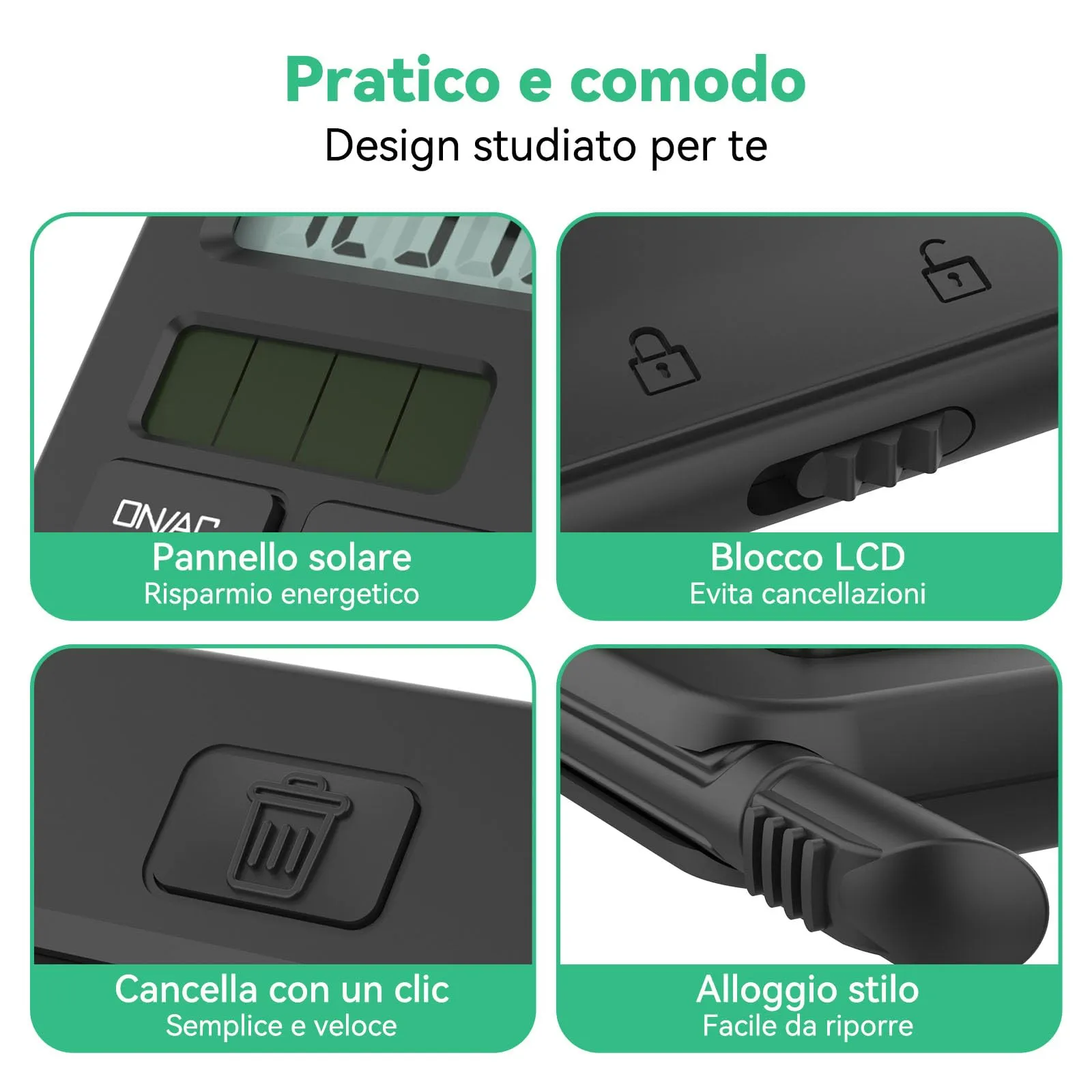 NEWYES Calcolatrice con Tavoletta da Scrittura e Penna, Alimentata a Energia Solare e a Batteria, Nero - immagine 6