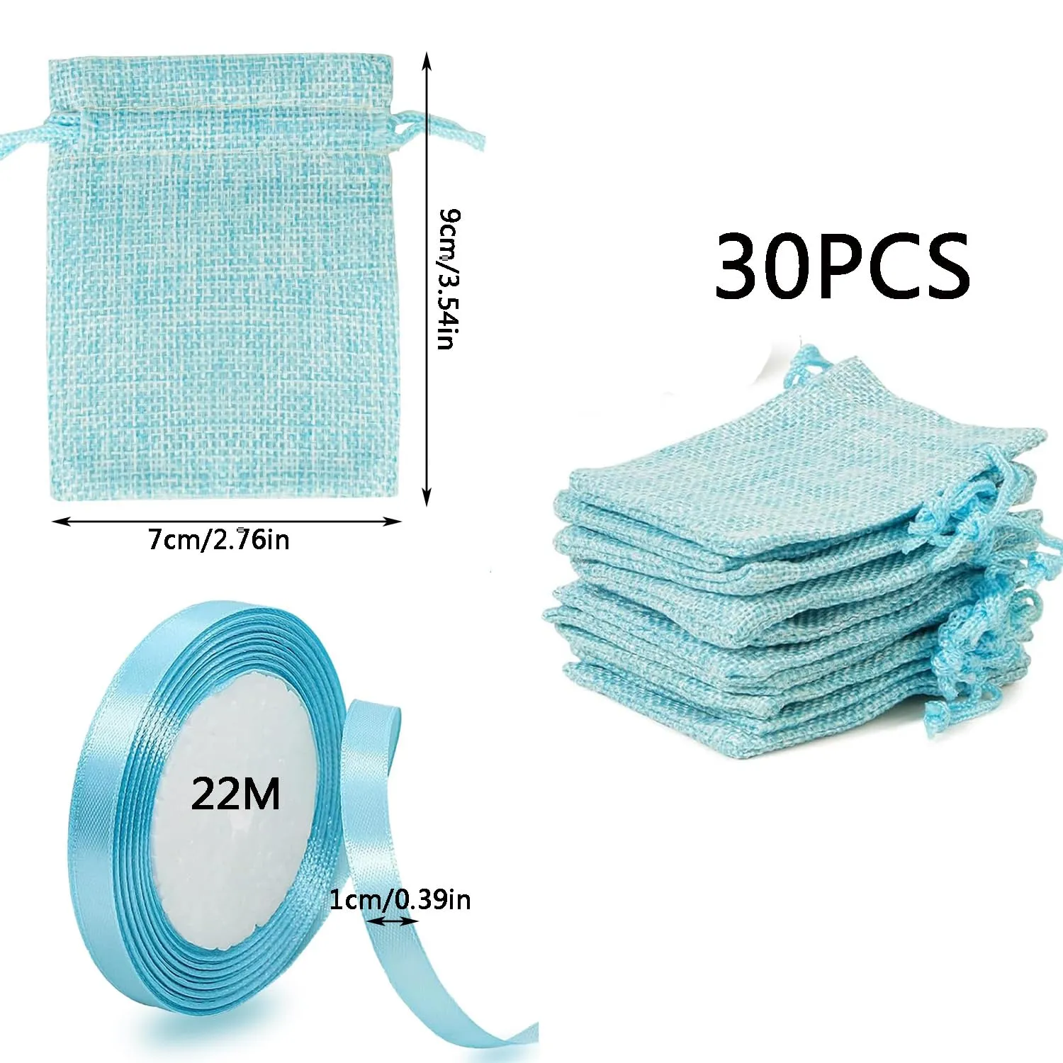MEISO Sacchetti di iuta per confetti, confezione da 30 pezzi con nastro raso, blu - immagine 2