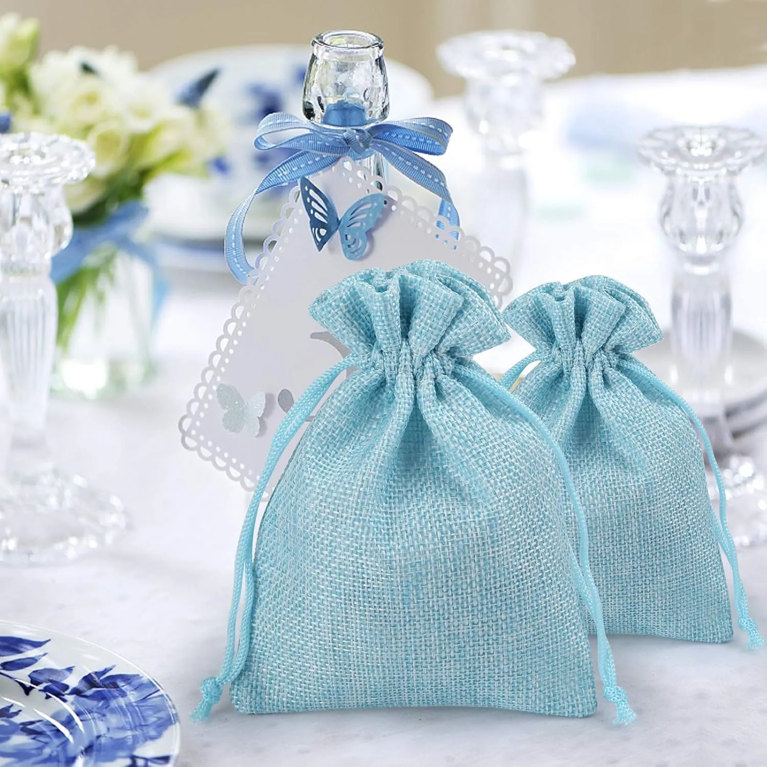 MEISO Sacchetti di iuta per confetti, confezione da 30 pezzi con nastro raso, blu - immagine 5
