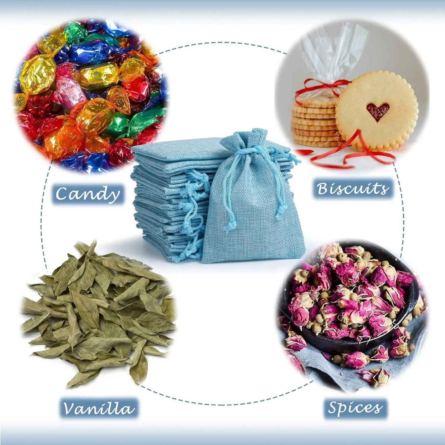 MEISO Sacchetti di iuta per confetti, confezione da 30 pezzi con nastro raso, blu - immagine 7