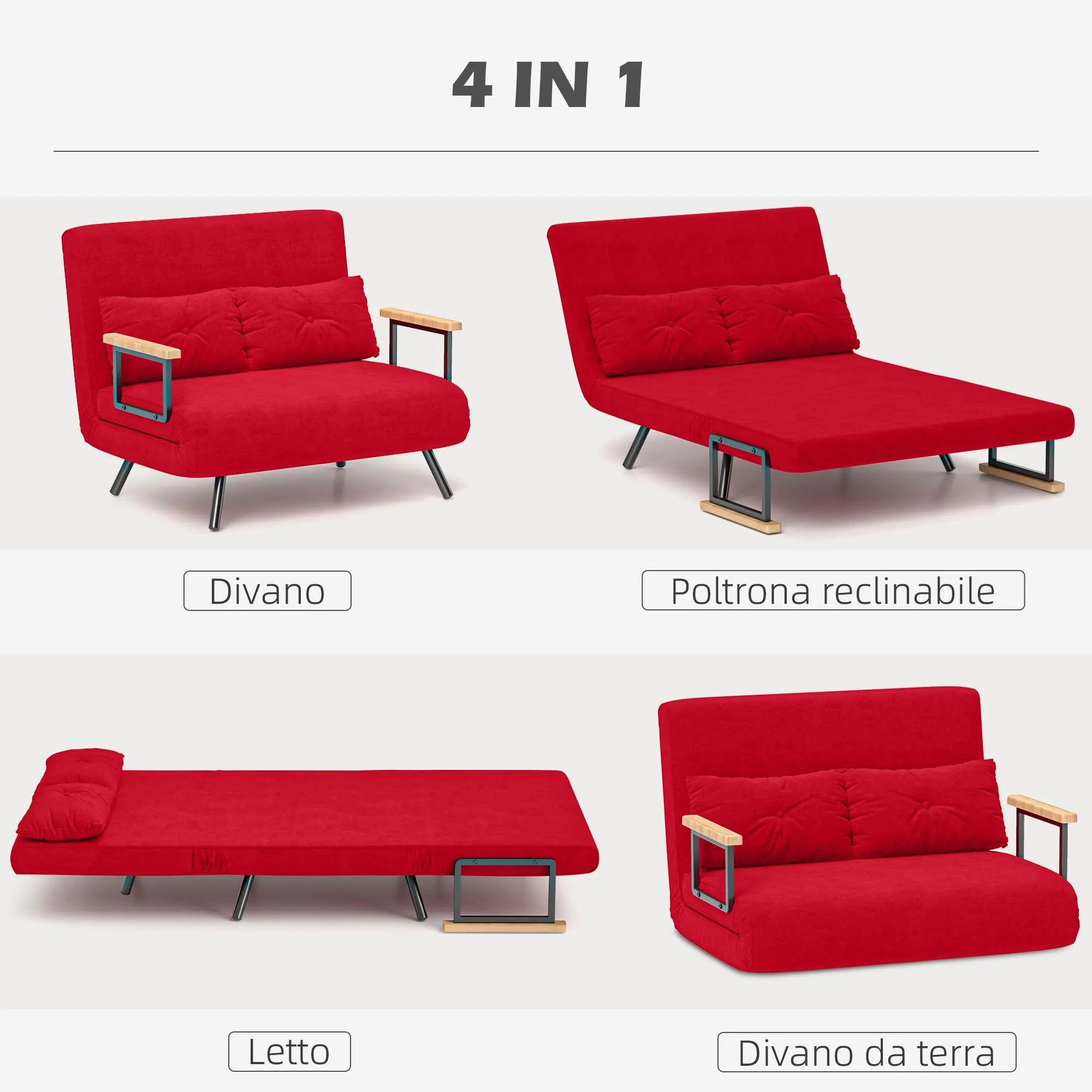 HOMCOM Divano Letto 2 Posti Schienale Regolabile 5 Livelli Rosso - immagine 3