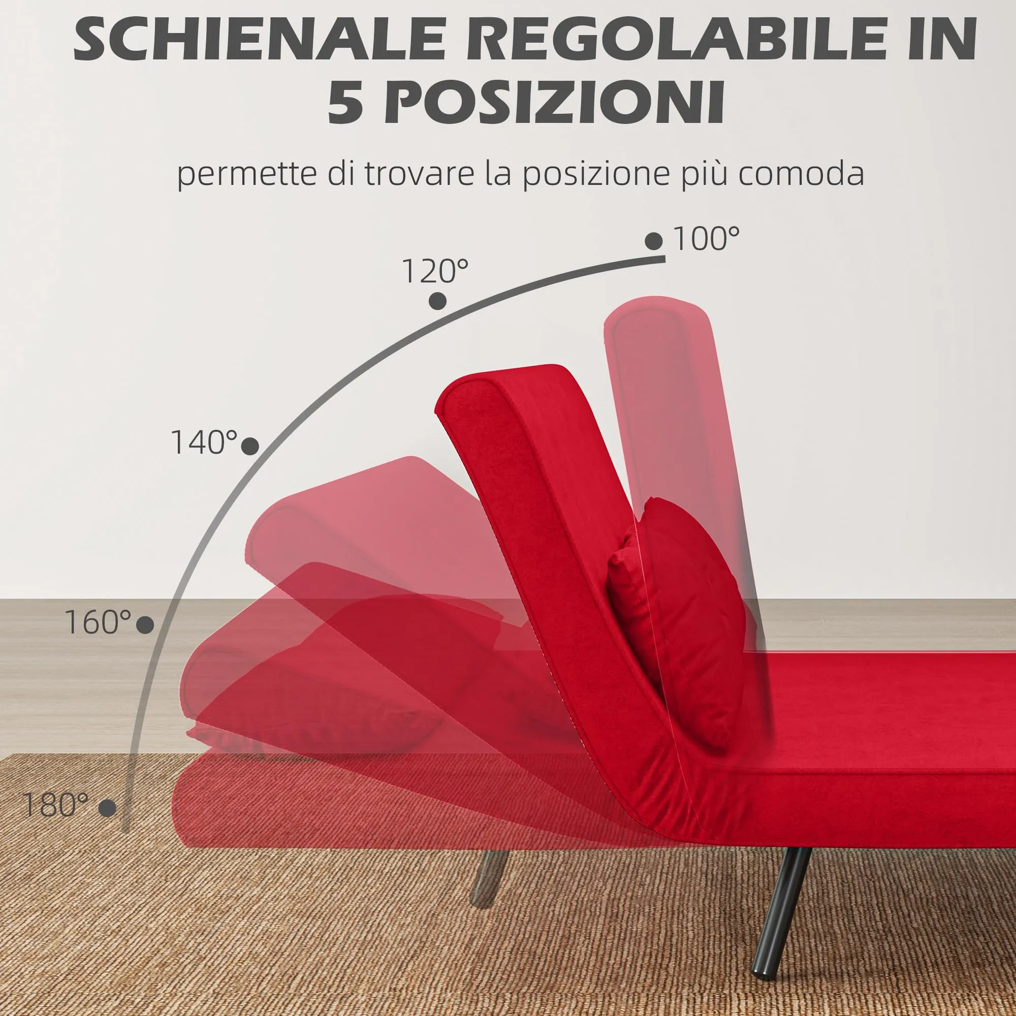 HOMCOM Divano Letto 2 Posti Schienale Regolabile 5 Livelli Rosso - immagine 4