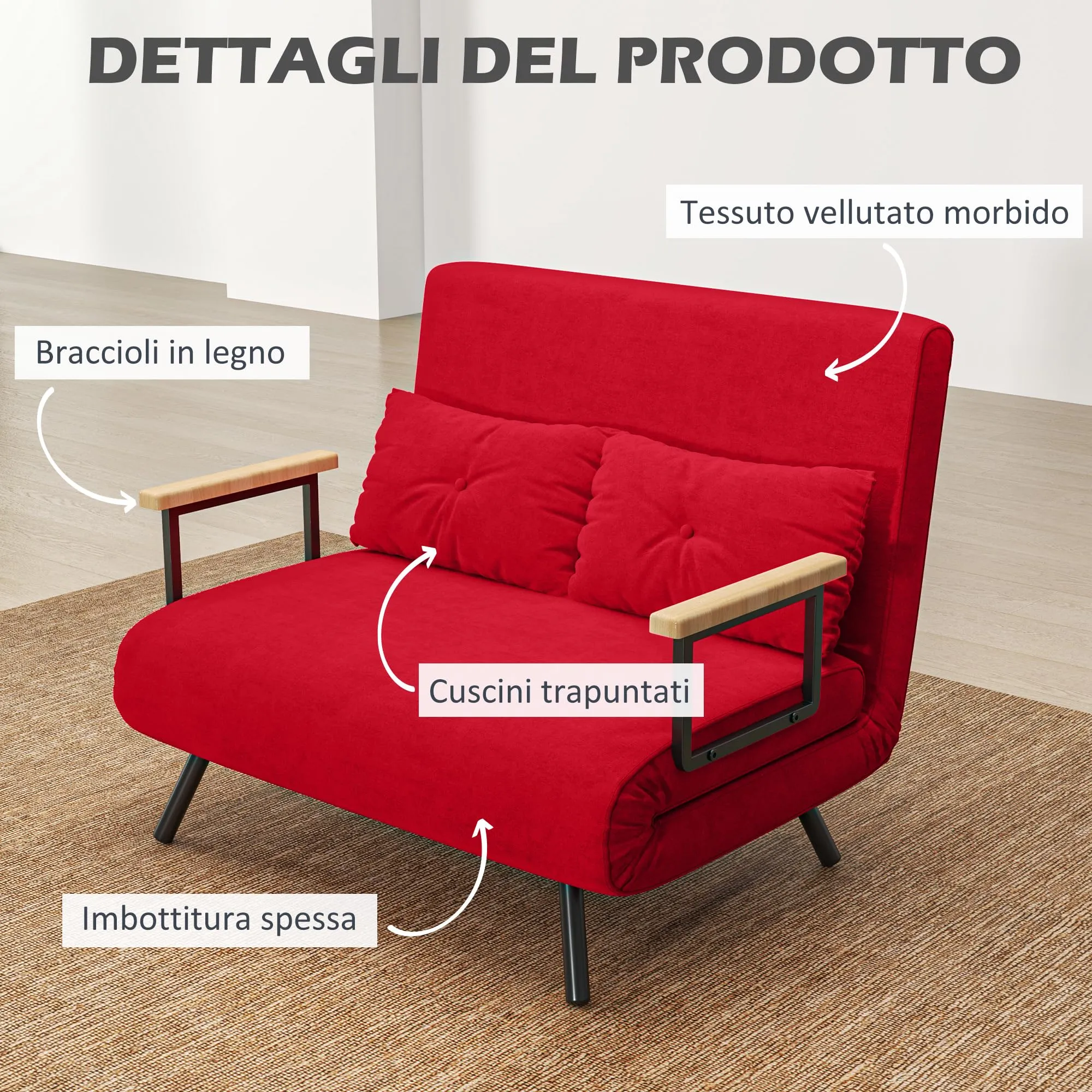 HOMCOM Divano Letto 2 Posti Schienale Regolabile 5 Livelli Rosso - immagine 5