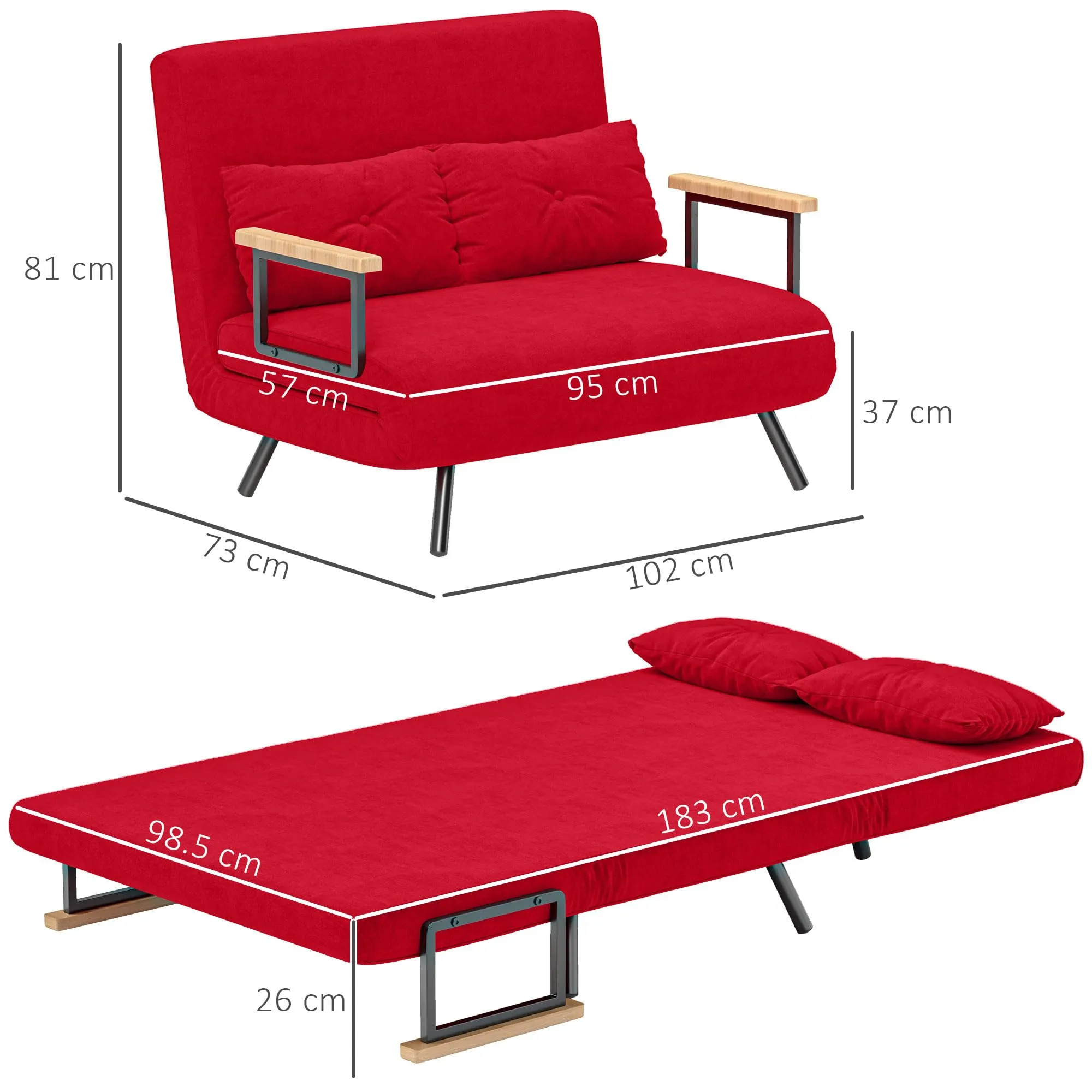 HOMCOM Divano Letto 2 Posti Schienale Regolabile 5 Livelli Rosso - immagine 7
