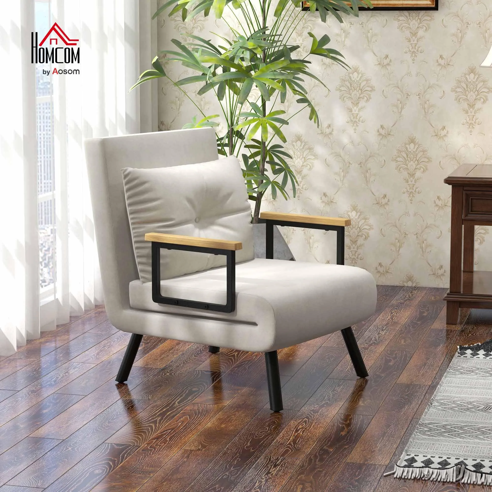 HOMCOM Poltrona Letto Singolo Schienale Regolabile 5 Livelli Bianco Crema - immagine 2