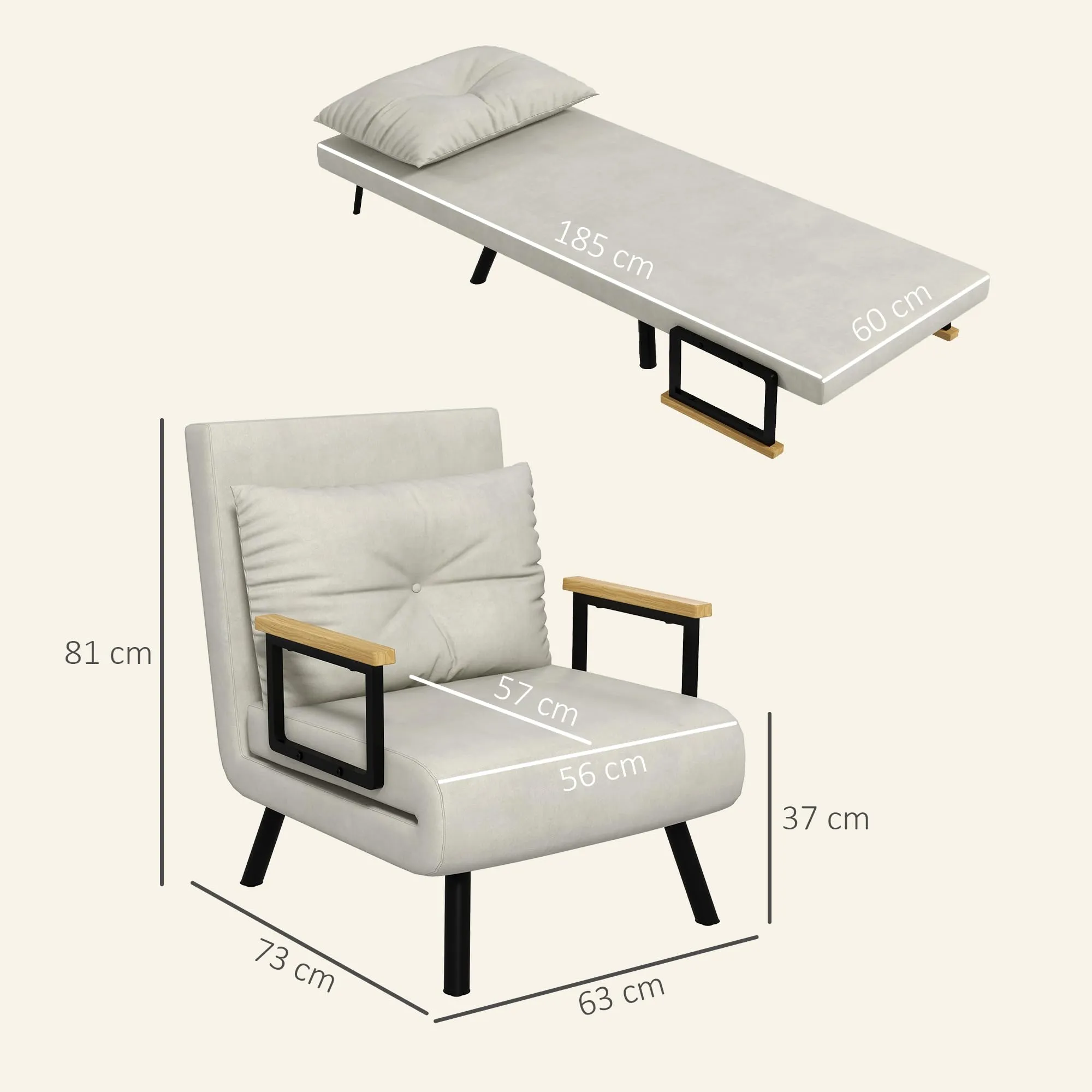 HOMCOM Poltrona Letto Singolo Schienale Regolabile 5 Livelli Bianco Crema - immagine 3