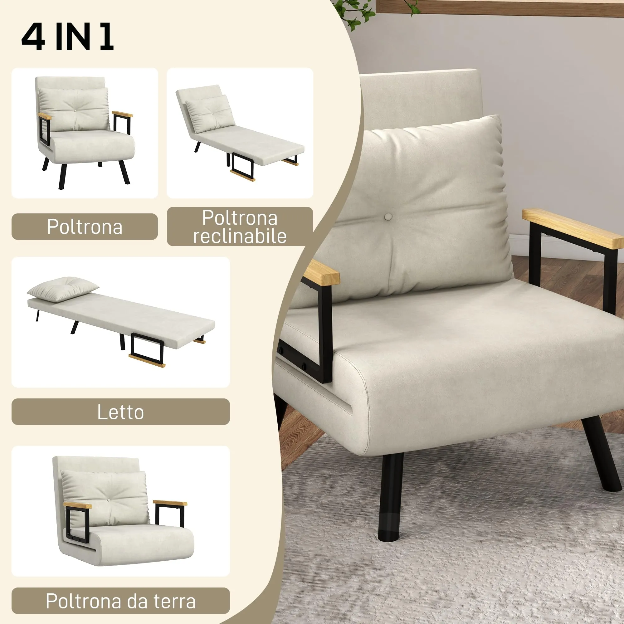 HOMCOM Poltrona Letto Singolo Schienale Regolabile 5 Livelli Bianco Crema - immagine 4