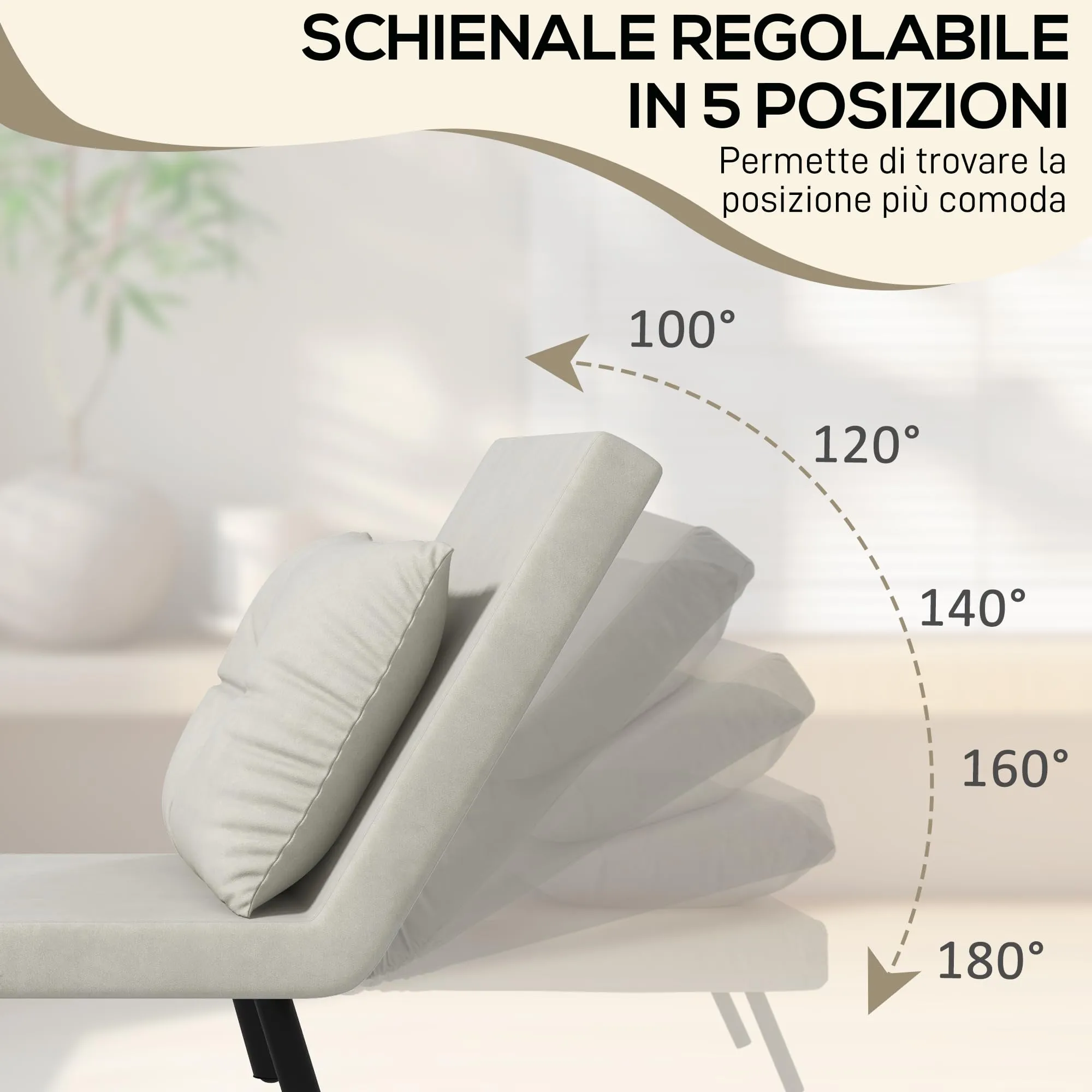HOMCOM Poltrona Letto Singolo Schienale Regolabile 5 Livelli Bianco Crema - immagine 5