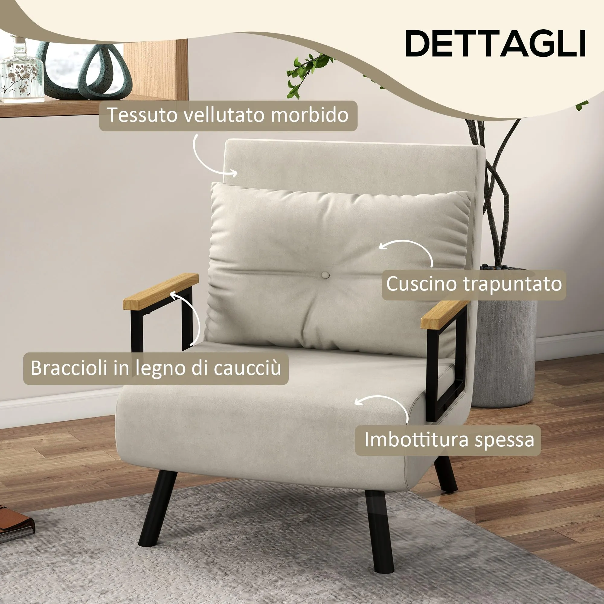 HOMCOM Poltrona Letto Singolo Schienale Regolabile 5 Livelli Bianco Crema - immagine 6