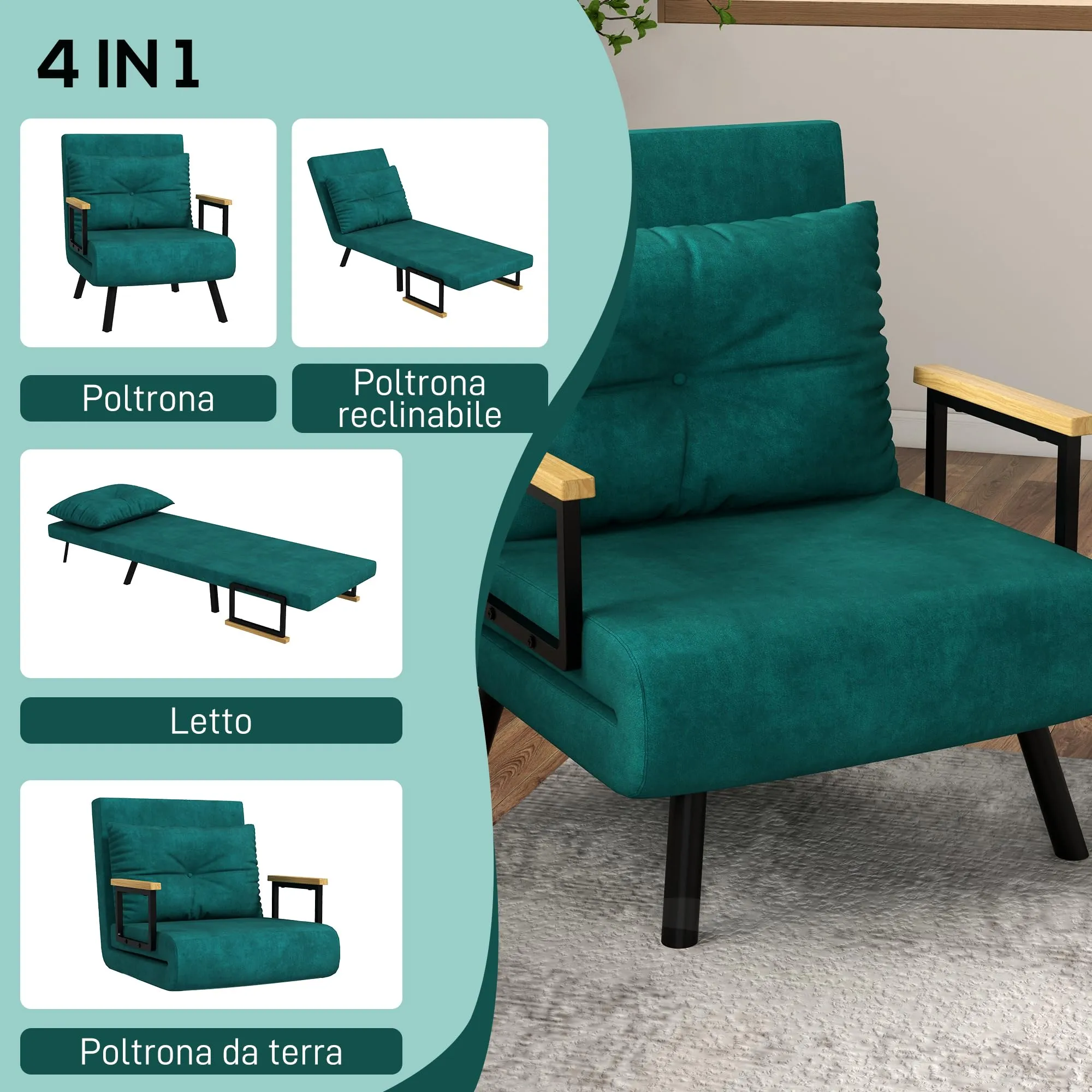 HOMCOM Poltrona Letto Singolo Schienale Regolabile 5 Livelli, Verde - immagine 3
