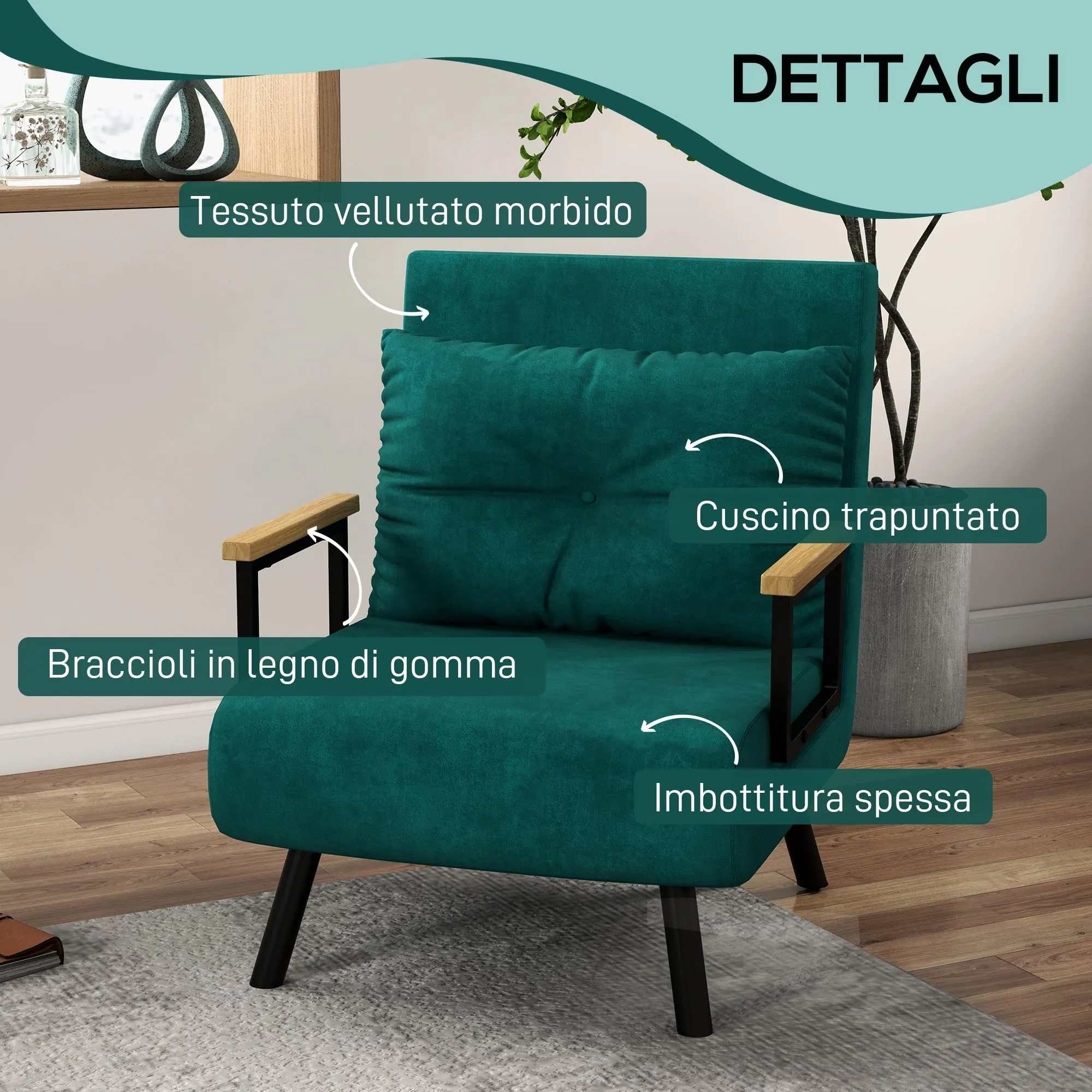 HOMCOM Poltrona Letto Singolo Schienale Regolabile 5 Livelli, Verde - immagine 5