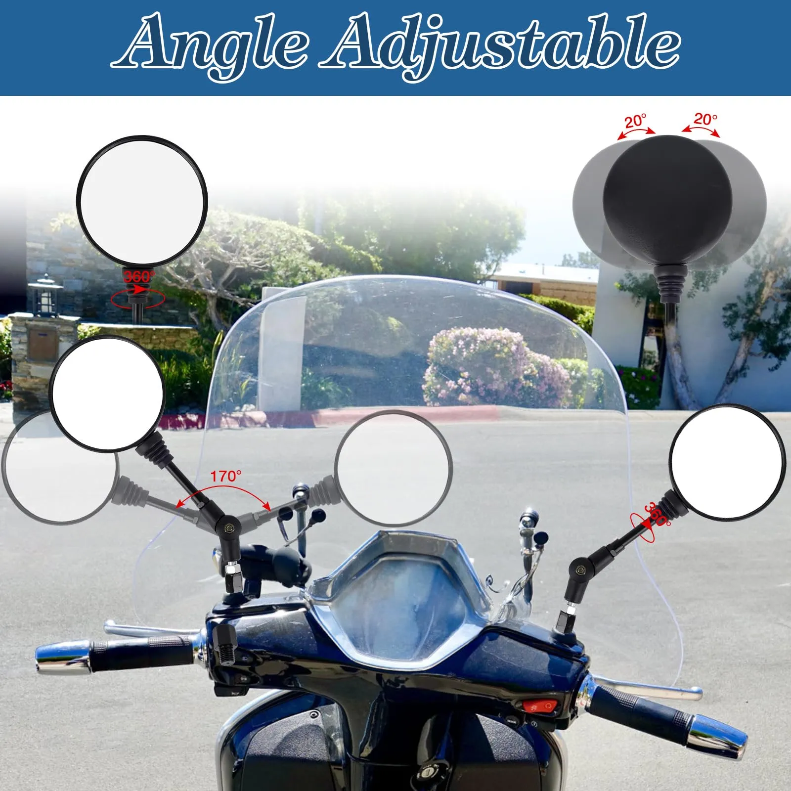 JABNOW Specchietto Retrovisore Universale per Moto 22 mm, Set Specchietti Laterali 360° con Bulloni 10 mm e 8 mm, Nero - immagine 2